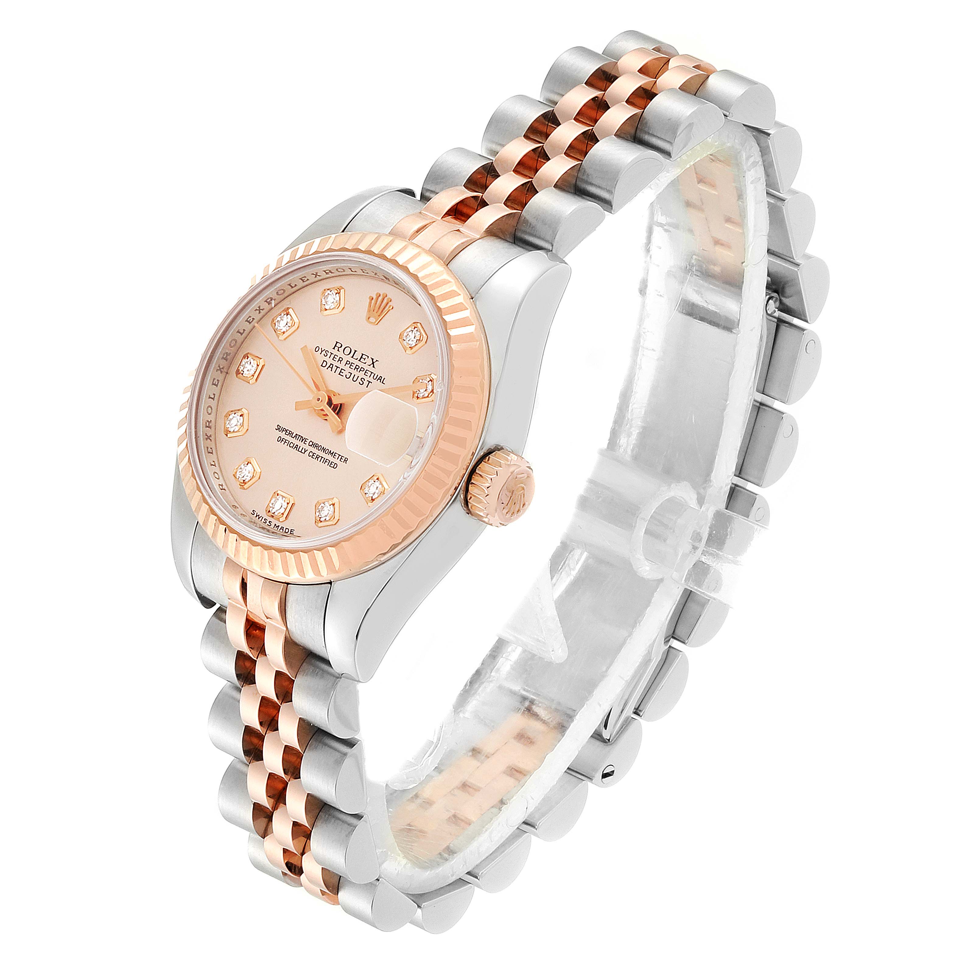 The image shows a Rolex Datejust 179161 Women's Rose Gold Pink Dial 179161 Women's Rose Gold Pink Dial watch from a three-quarter angle, featuring the dial, crown, bracelet, and bezel.