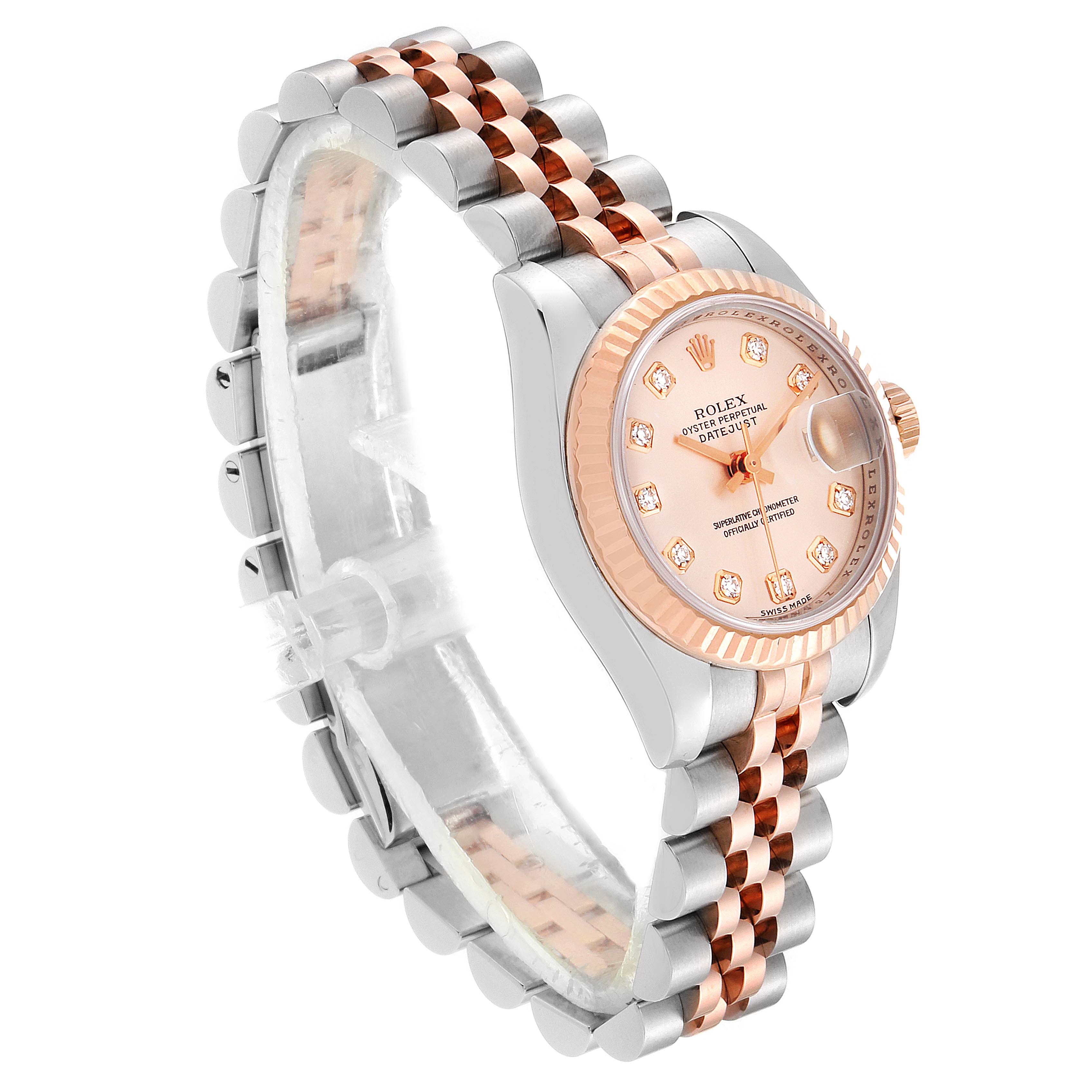 This image shows a Rolex Datejust 179161 Women's Rose Gold Pink Dial 179161 Women's Rose Gold Pink Dial watch at a 3/4 angle, highlighting the case, dial, bezel, and two-tone jubilee bracelet.