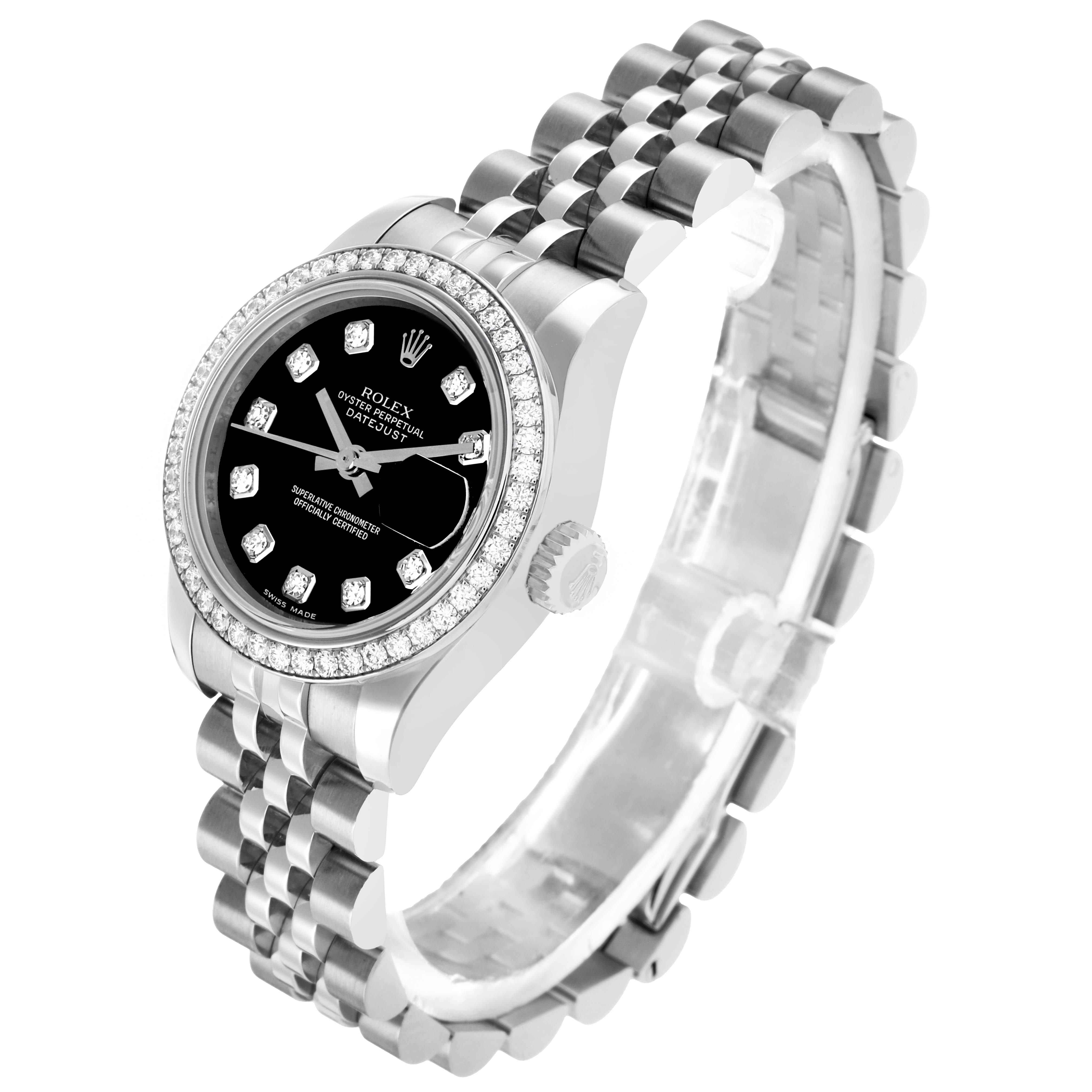 The Rolex Datejust 179384 Women's Stainless Steel Black Dial watch is shown from a three-quarter angle, displaying the face, bezel, crown, and bracelet.