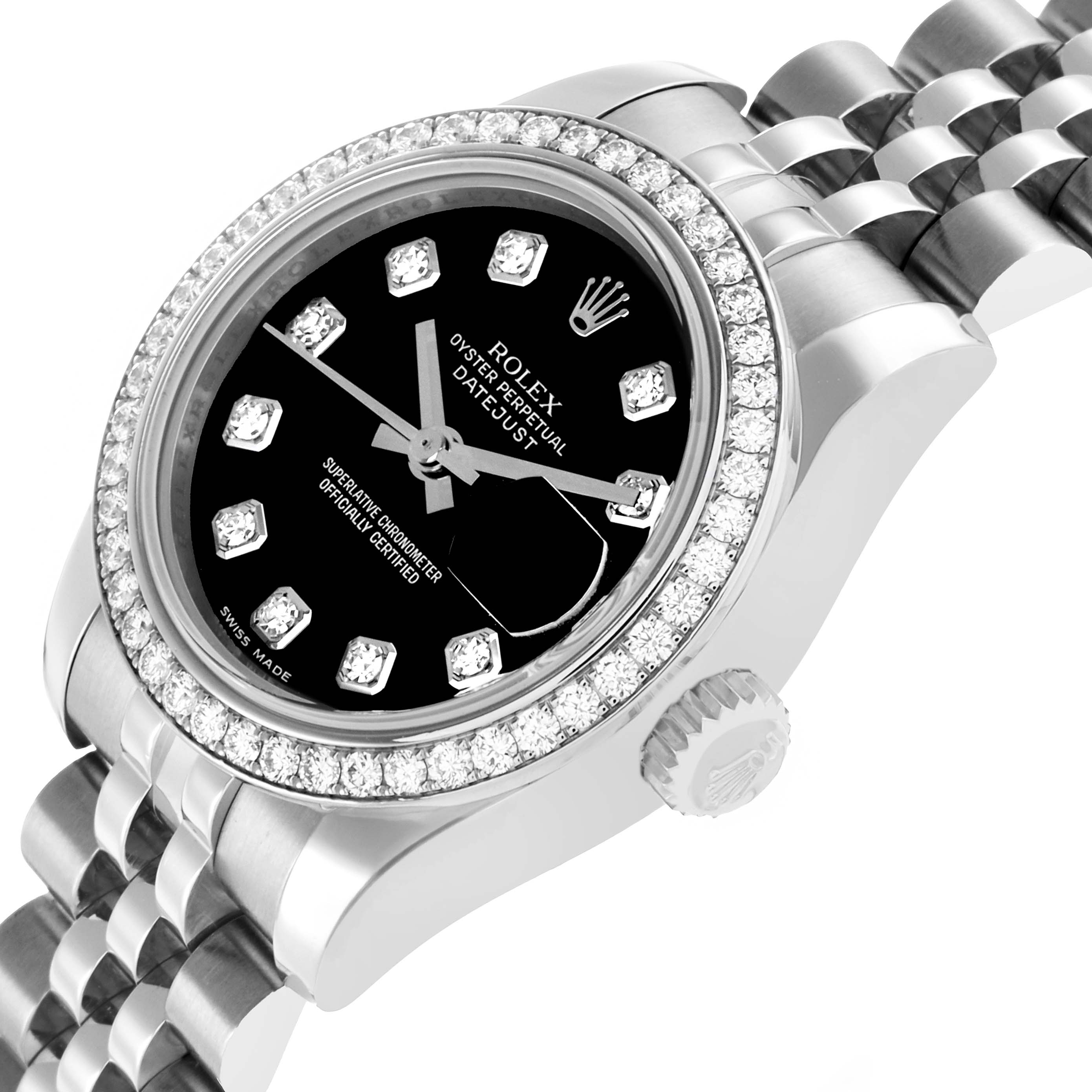 The Rolex Datejust 179384 Women's Stainless Steel Black Dial watch is shown at an angle, displaying the face, bezel, crown, and part of the bracelet.