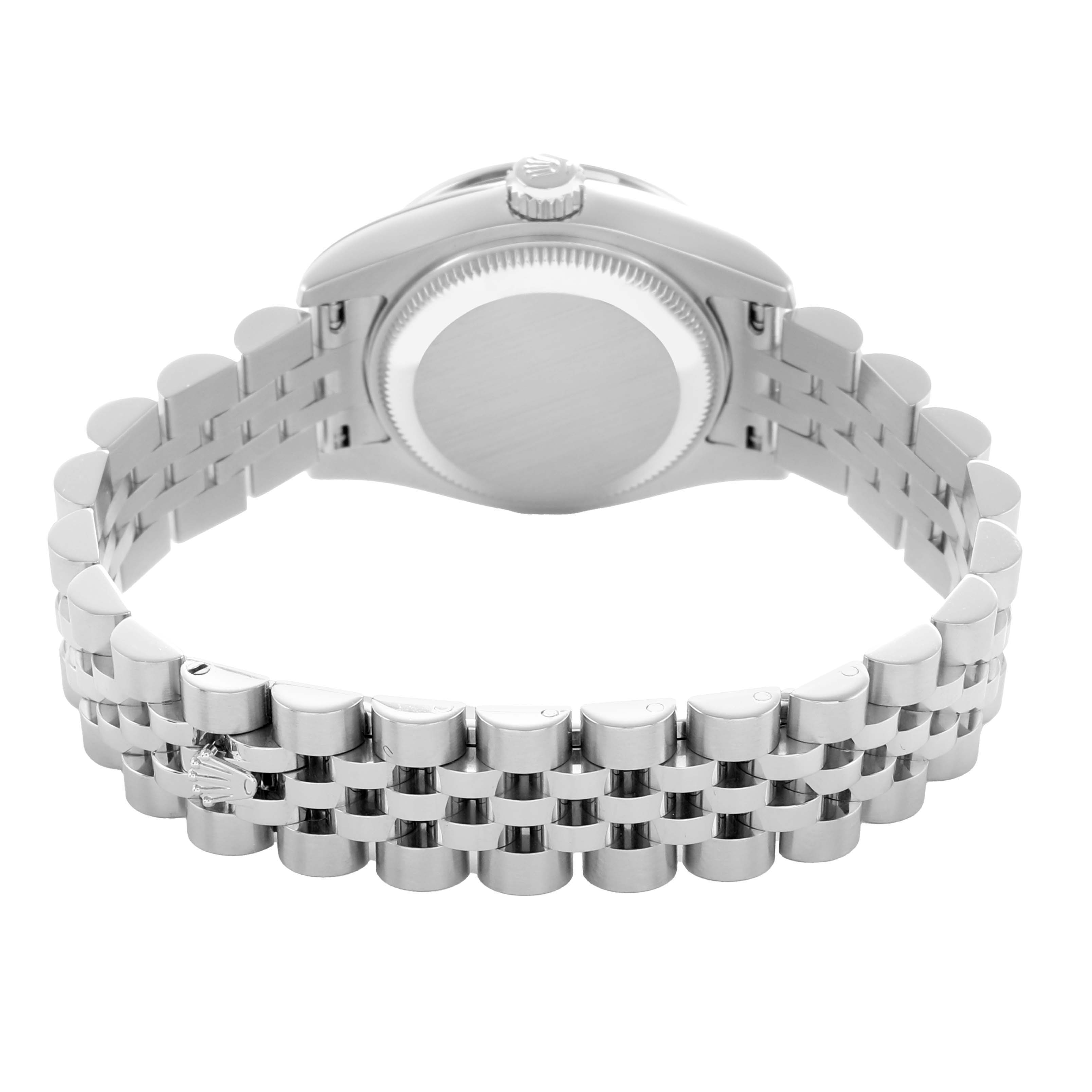 The Rolex Datejust 179384 Women's Stainless Steel Black Dial is shown from the back, highlighting the case back and bracelet clasp.