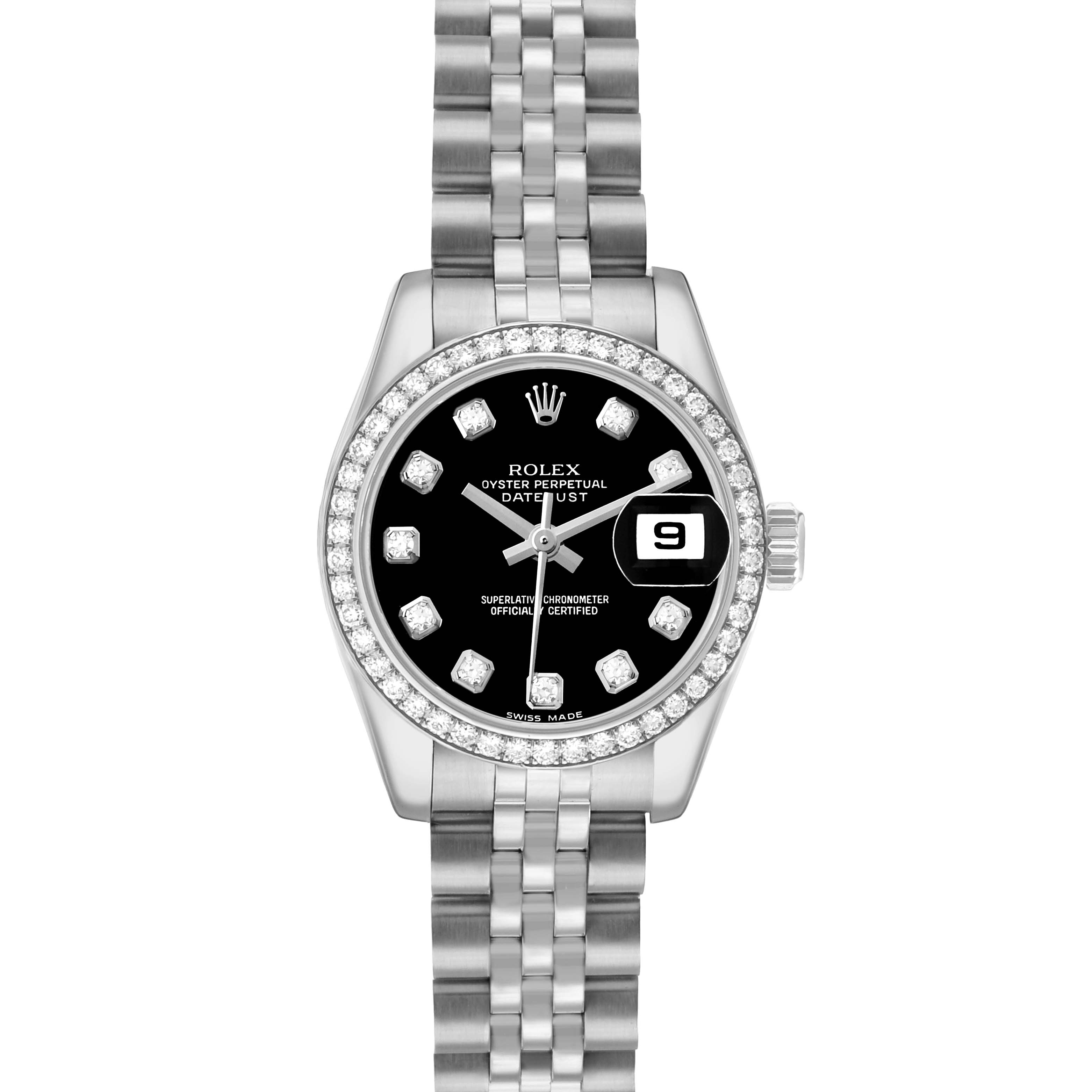 The Rolex Datejust 179384 Women's Stainless Steel Black Dial watch is shown from the front, displaying its dial, bezel, and bracelet.