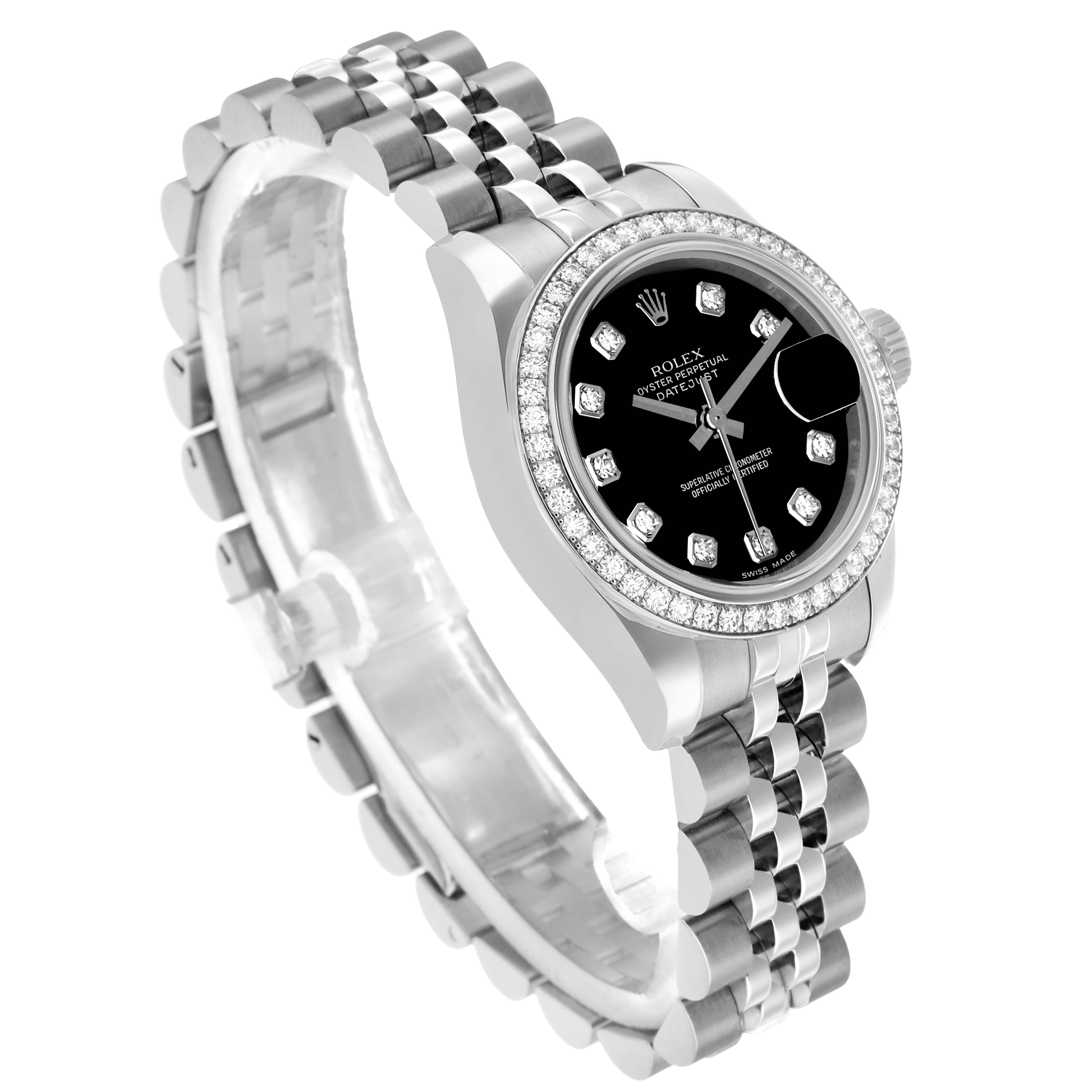 The Rolex Datejust 179384 Women's Stainless Steel Black Dial watch is shown from an angled perspective, highlighting the dial, bezel, and bracelet.