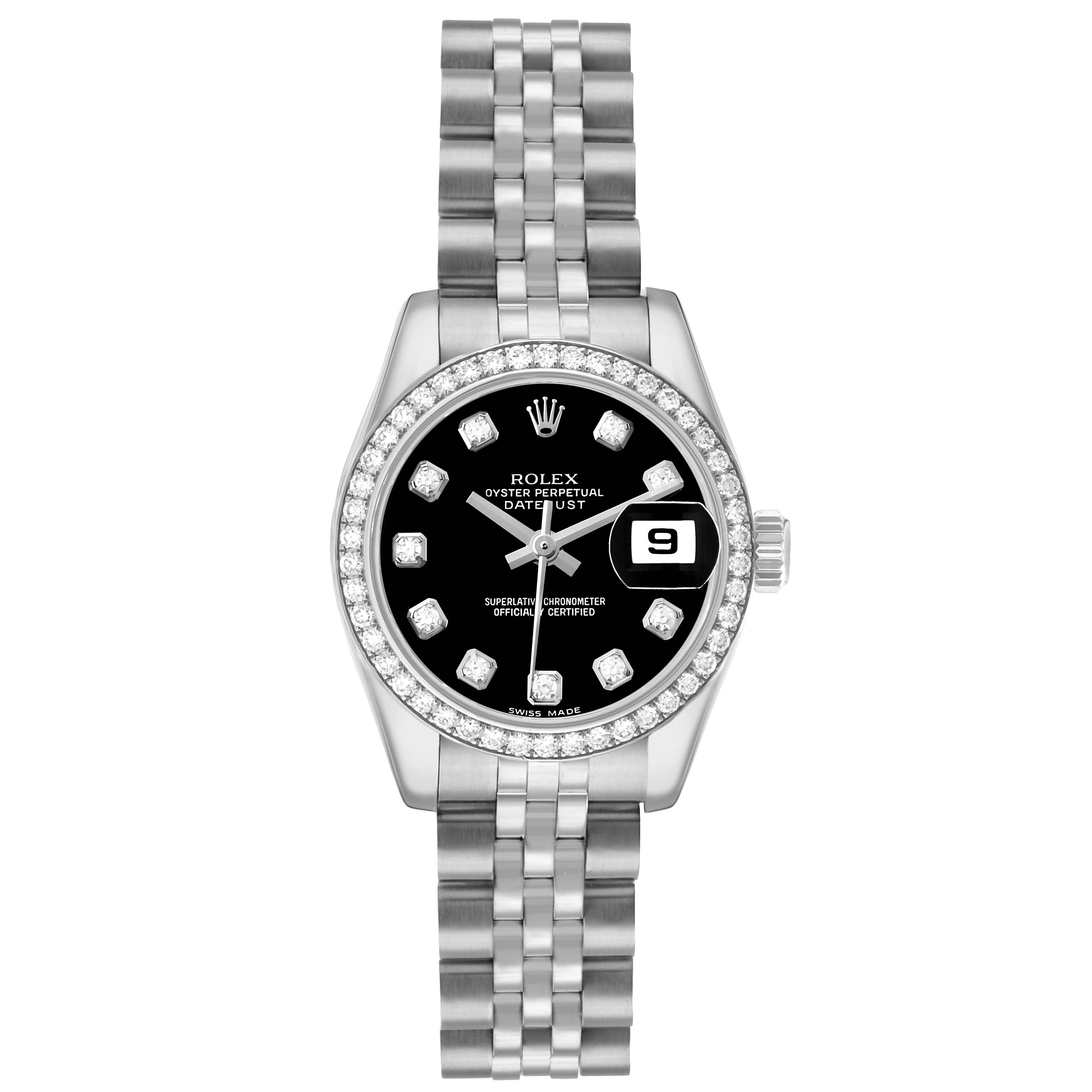The Rolex Datejust 179384 Women's Stainless Steel Black Dial watch is shown from a top view, displaying the dial, bezel, and bracelet.