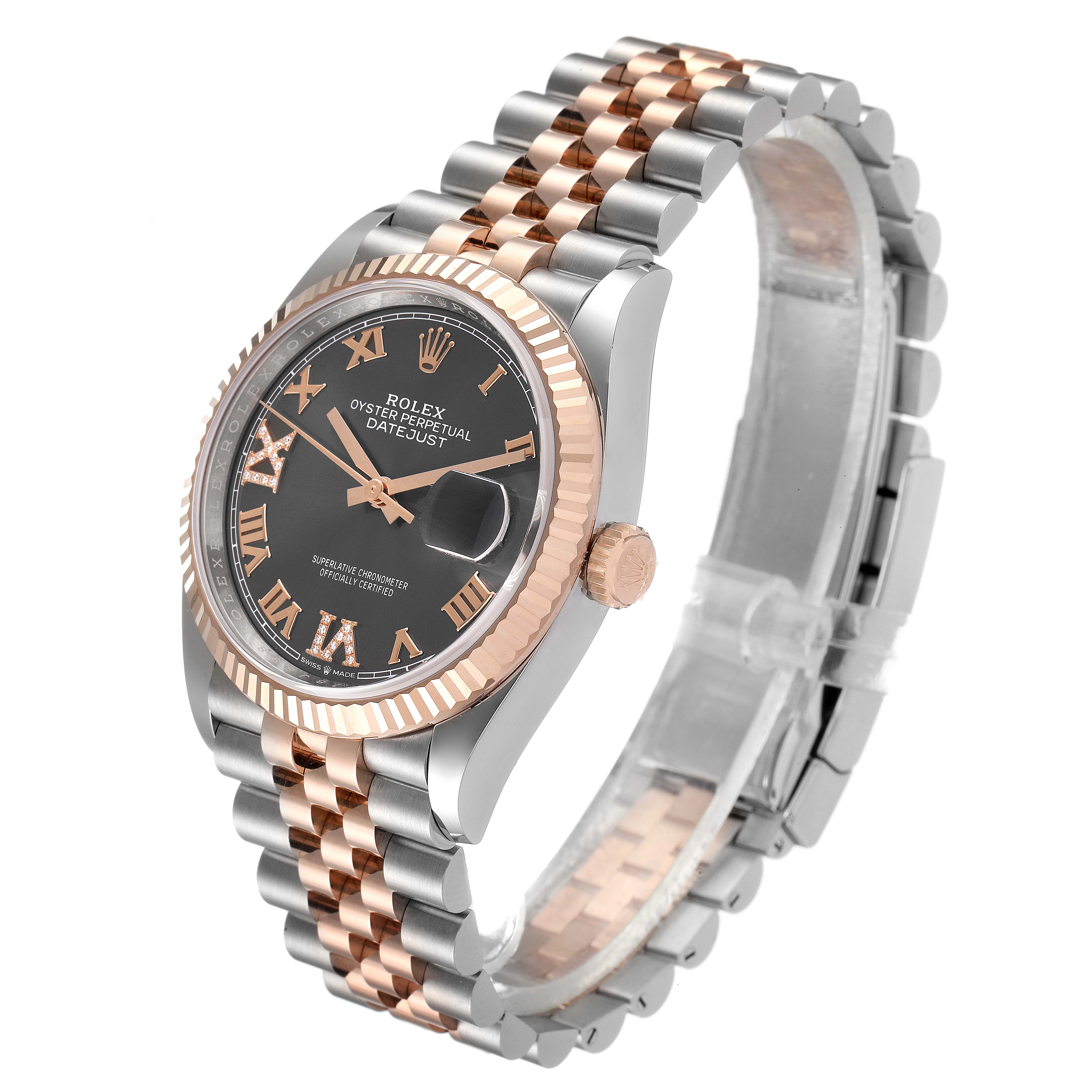 The Rolex Datejust 126231 Men's Steel and Gold (two tone) Mother of Pearl Dial 126231 Men's Steel and Gold (two tone) Mother of Pearl Dial watch is shown at a three-quarter angle, displaying the face, bezel, crown, and bracelet.