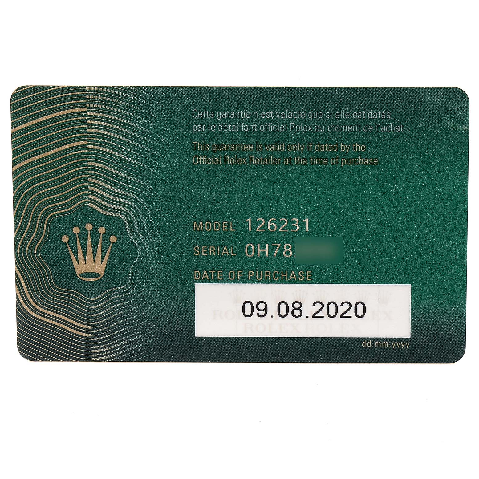 This image shows a warranty card for the Rolex Datejust 126231 Men's Steel and Gold (two tone) Mother of Pearl Dial 126231 Men's Steel and Gold (two tone) Mother of Pearl Dial model 126231, with a serial number and purchase date.