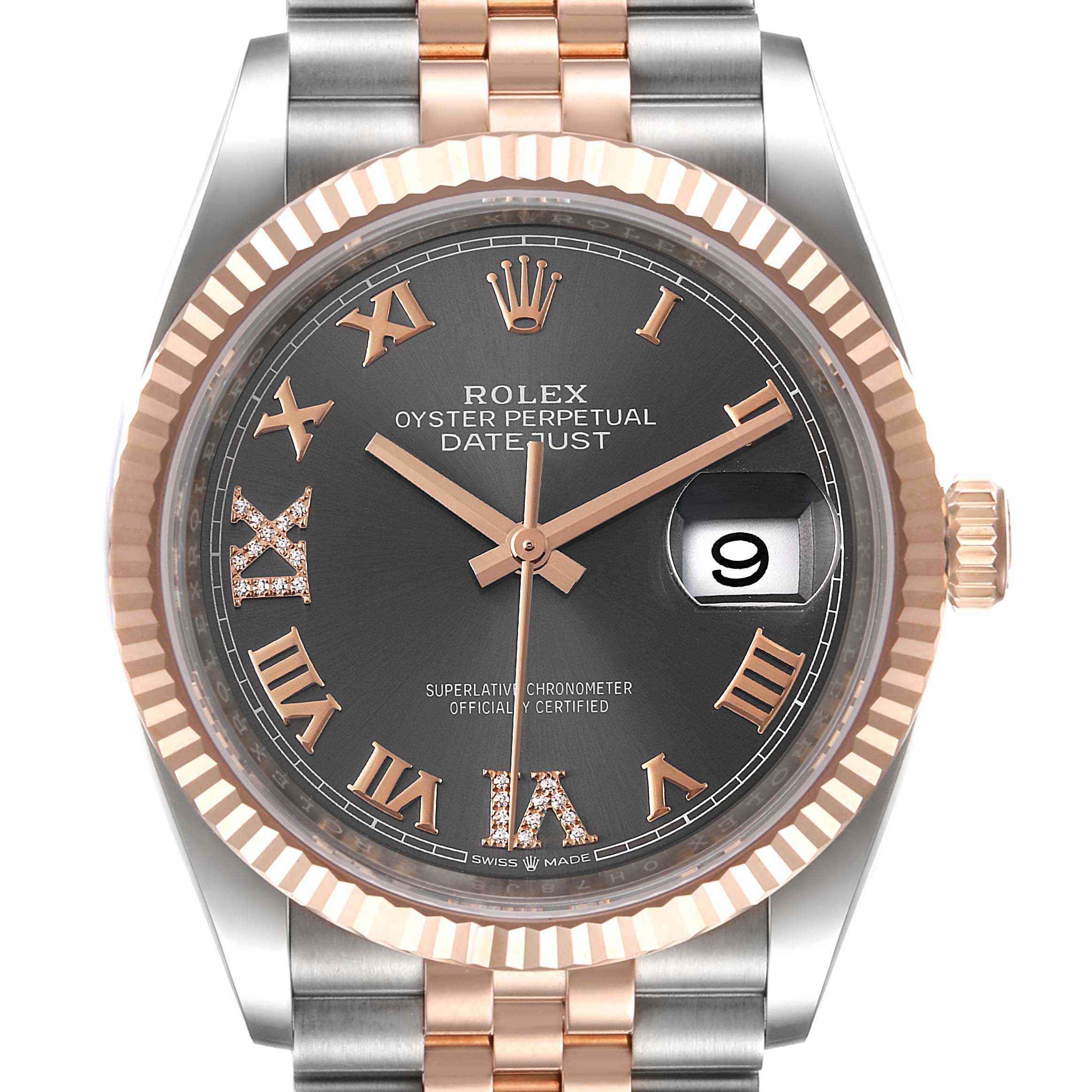 The image shows a frontal view of the Rolex Datejust 126231 Men's Steel and Gold (two tone) Mother of Pearl Dial 126231 Men's Steel and Gold (two tone) Mother of Pearl Dial watch, displaying the face, dial, bezel, and part of the bracelet.