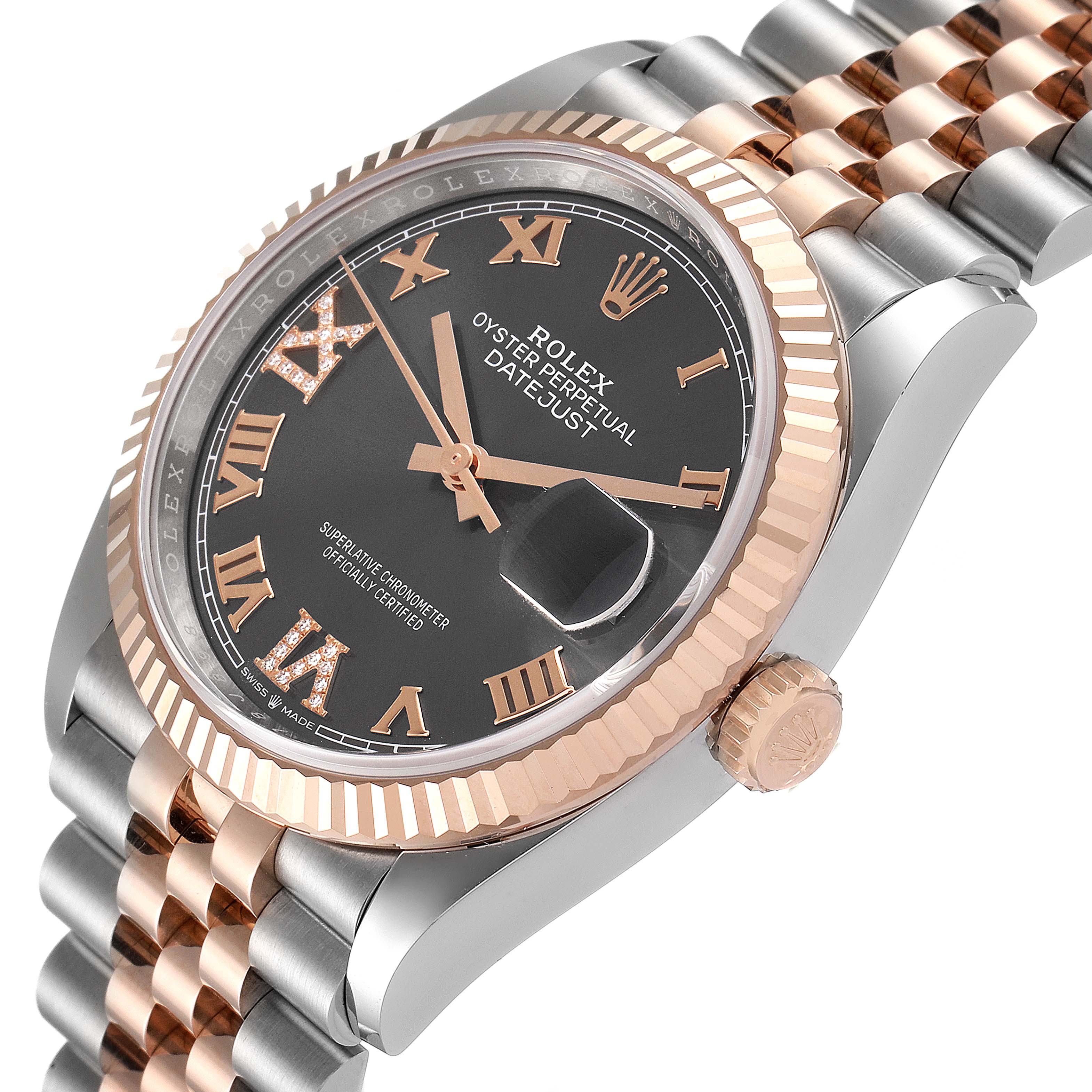 This image shows a side angle of the Rolex Datejust 126231 Men's Steel and Gold (two tone) Mother of Pearl Dial 126231 Men's Steel and Gold (two tone) Mother of Pearl Dial watch, highlighting the dial, bezel, crown, and two-tone bracelet.