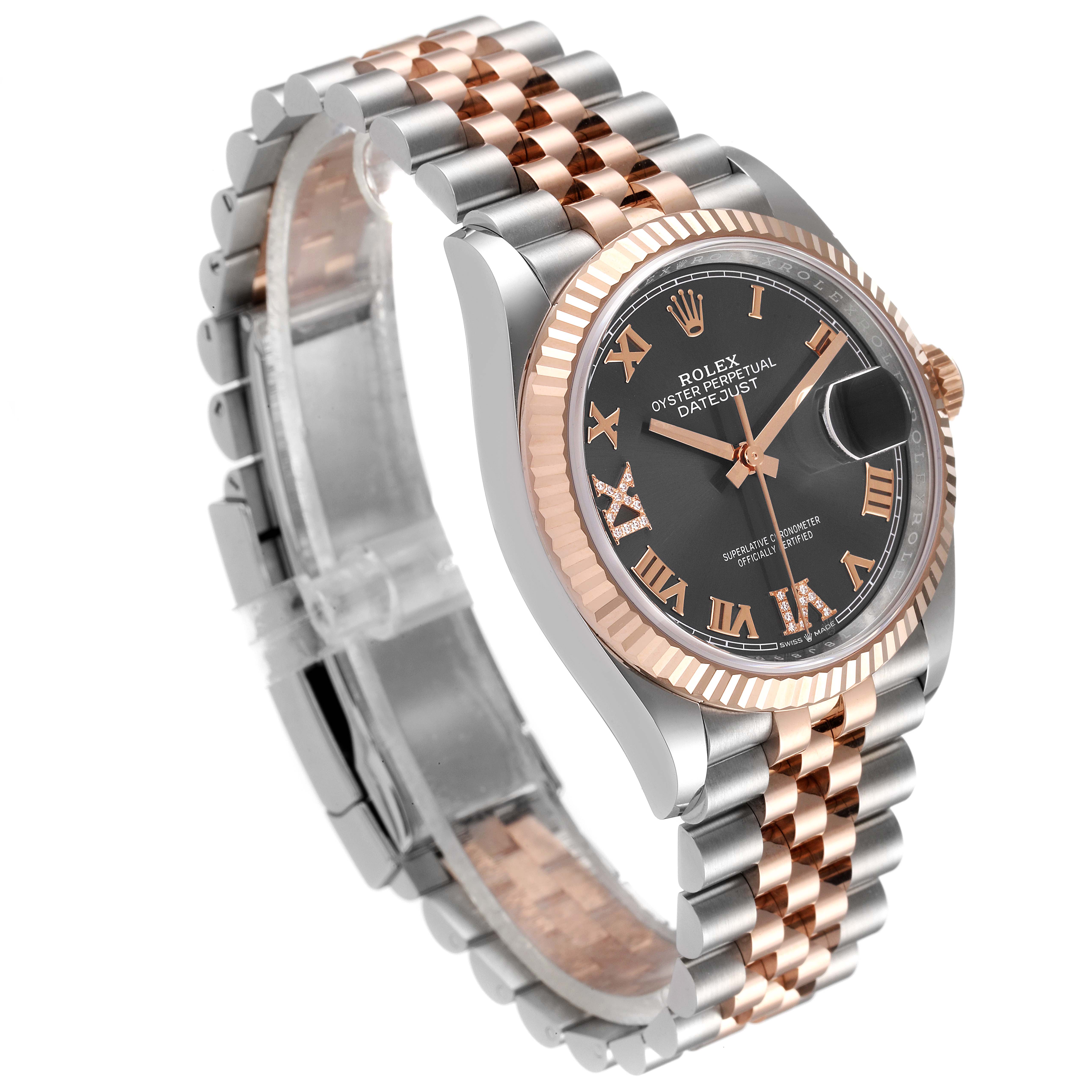 The image shows a Rolex Datejust 126231 Men's Steel and Gold (two tone) Mother of Pearl Dial 126231 Men's Steel and Gold (two tone) Mother of Pearl Dial watch at an angle highlighting its face, bezel, and two-tone metal bracelet.