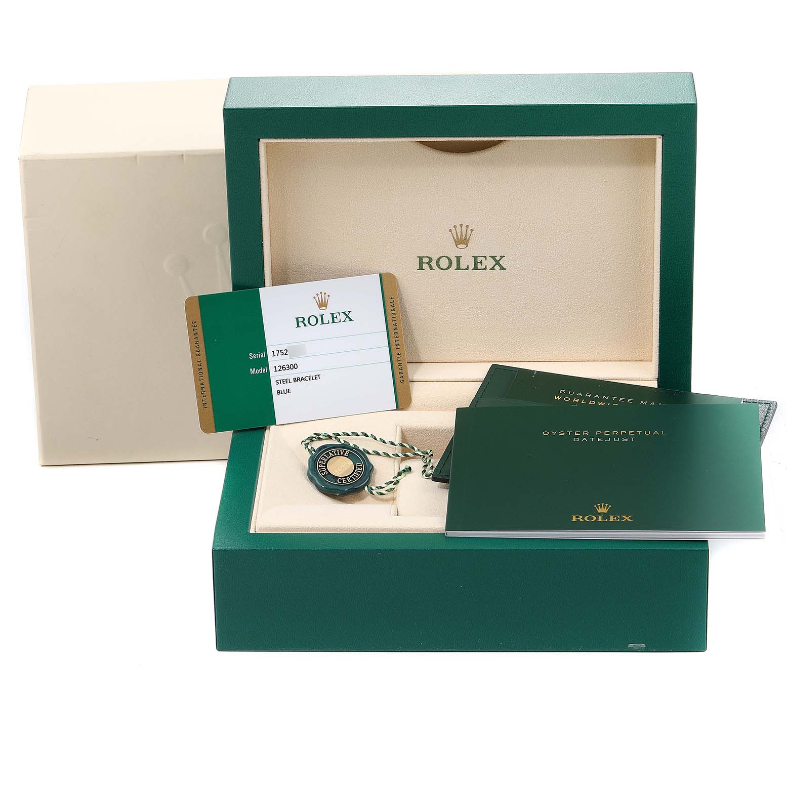 The image shows a Rolex Datejust 41 126300 Men's Stainless Steel Blue Dial 126300 Men's Stainless Steel Blue Dial watch box with accessories, including a warranty card, tags, and manuals, all from a front-angle view.