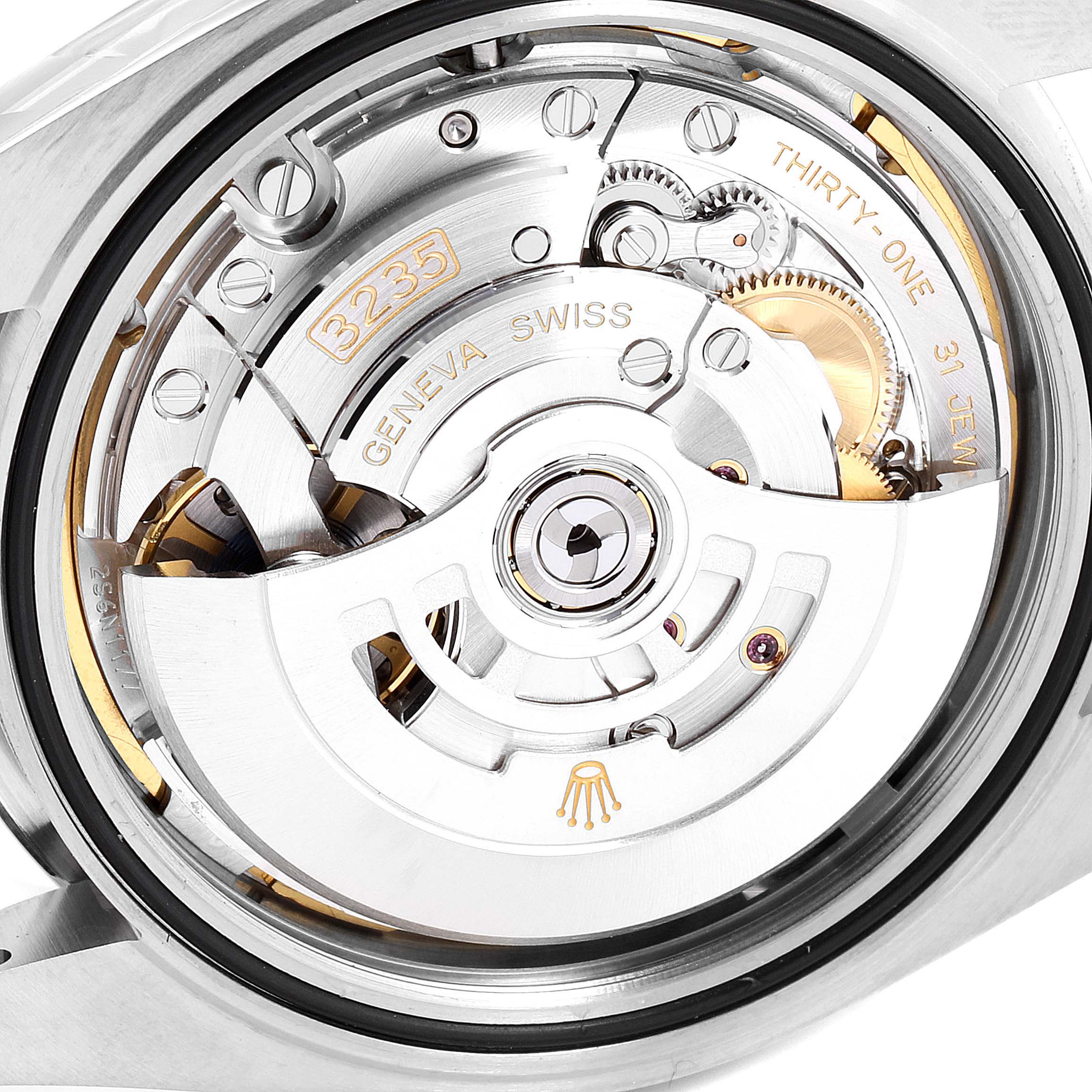 This image shows the movement and internal mechanism of the Rolex Datejust 41 126300 Men's Stainless Steel Blue Dial 126300 Men's Stainless Steel Blue Dial watch, focusing on the rotor, gears, and engraved details.