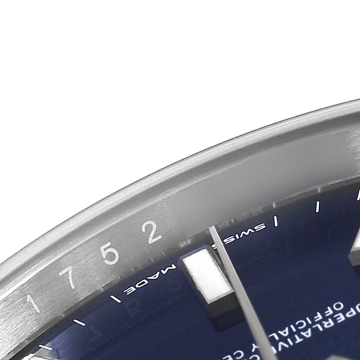 The image shows a close-up of the dial, bezel, and part of the minute hand of the Rolex Datejust 41 126300 Men's Stainless Steel Blue Dial 126300 Men's Stainless Steel Blue Dial watch.