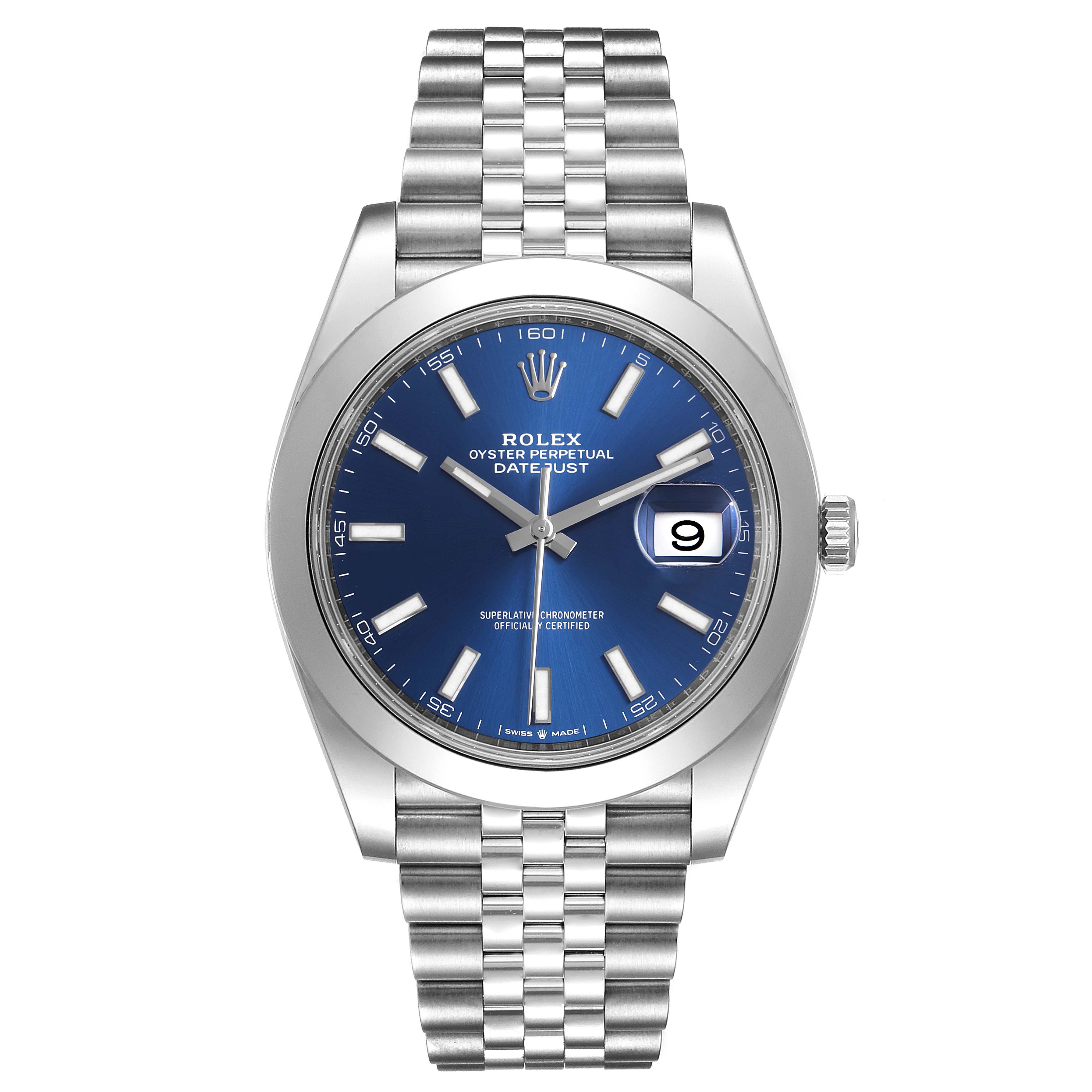 The image shows a front view of the Rolex Datejust 41 126300 Men's Stainless Steel Blue Dial 126300 Men's Stainless Steel Blue Dial watch, highlighting its blue dial, date display, and Jubilee bracelet.