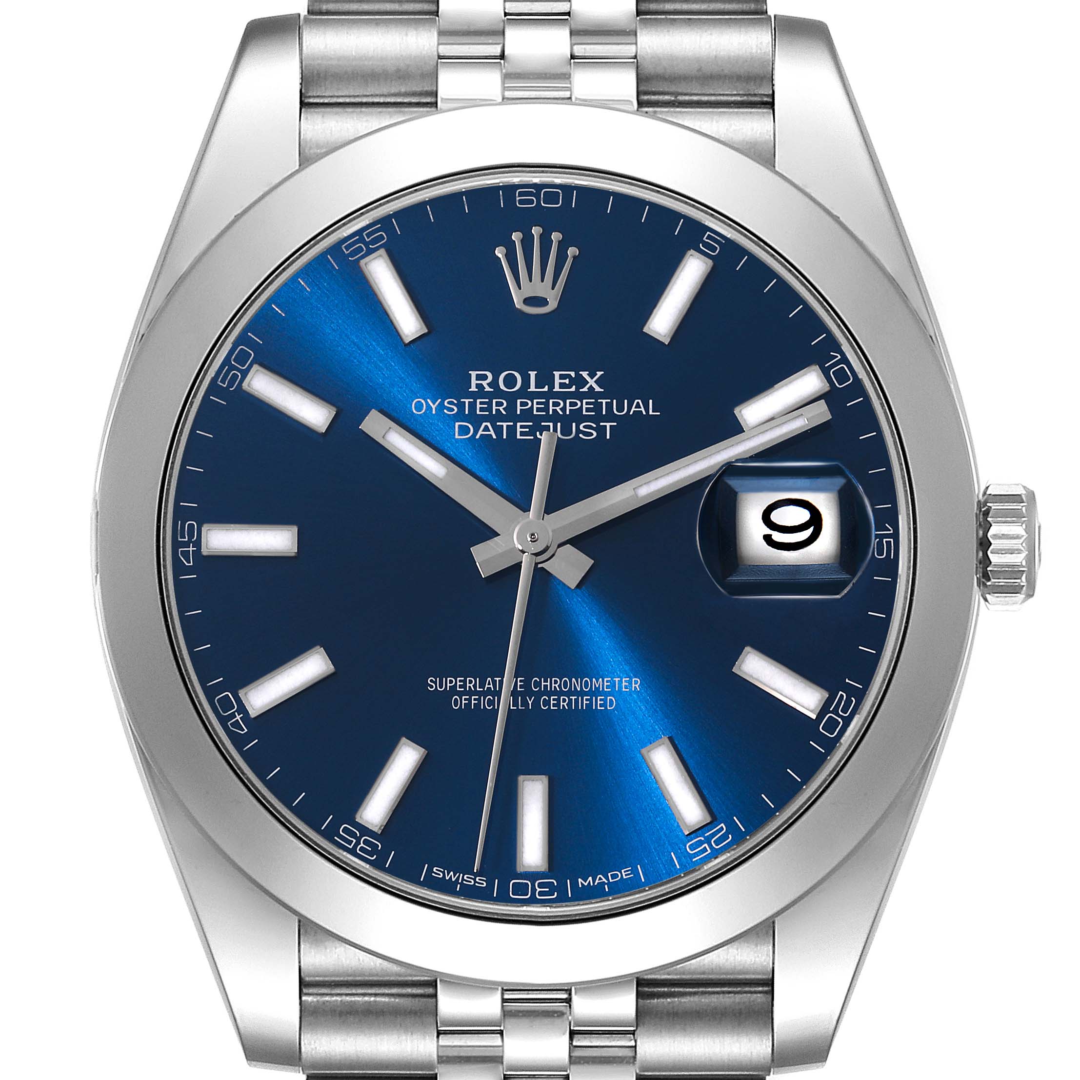 The image shows a front view of the Rolex Datejust 41 126300 Men
s Stainless Steel Blue Dial 126300 Men
s Stainless Steel Blue Dial watch, highlighting its blue dial, date window, and stainless steel bracelet.