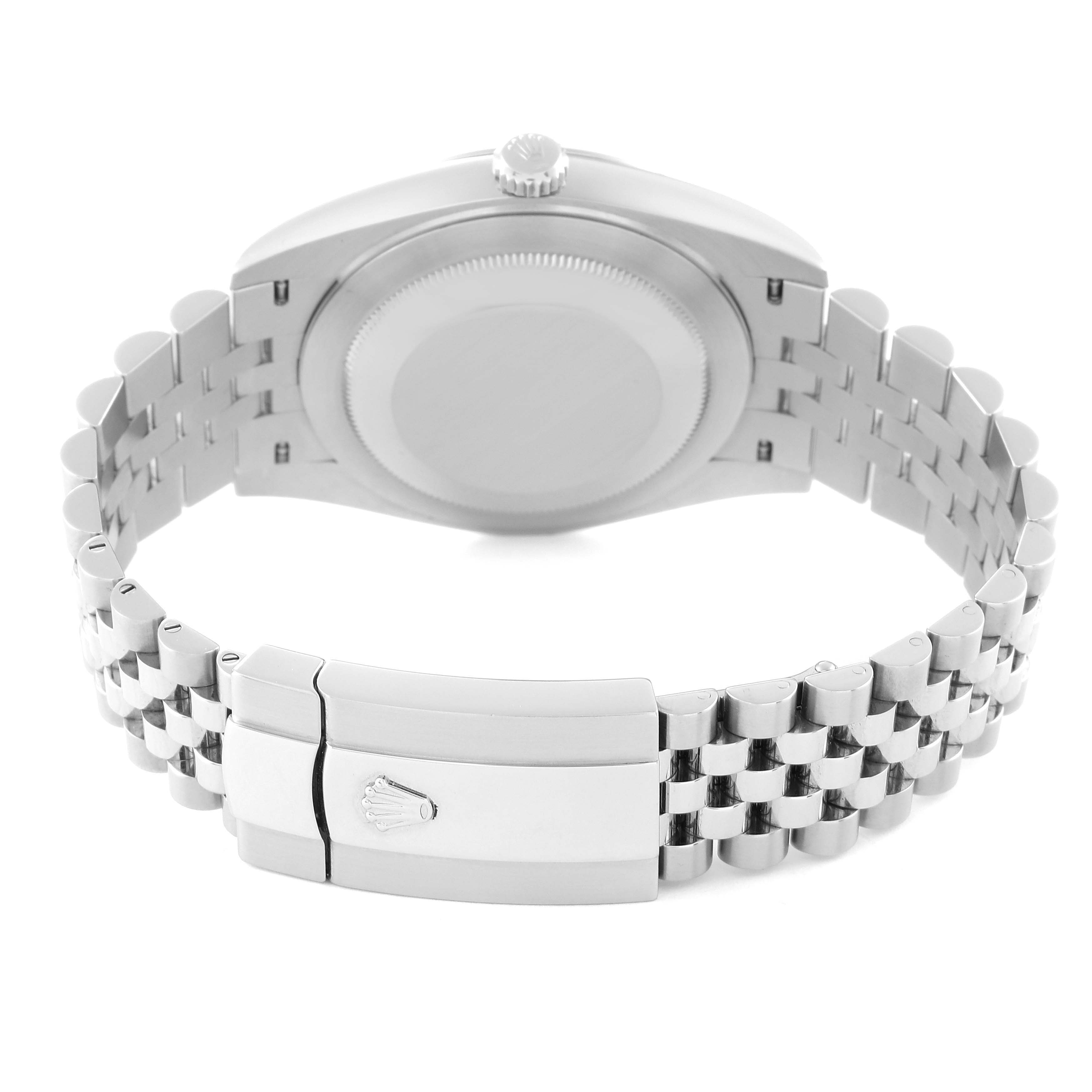 The image shows the back case and bracelet of a Rolex Datejust 41 126300 Men
s Stainless Steel Blue Dial 126300 Men
s Stainless Steel Blue Dial model, viewed from the rear.