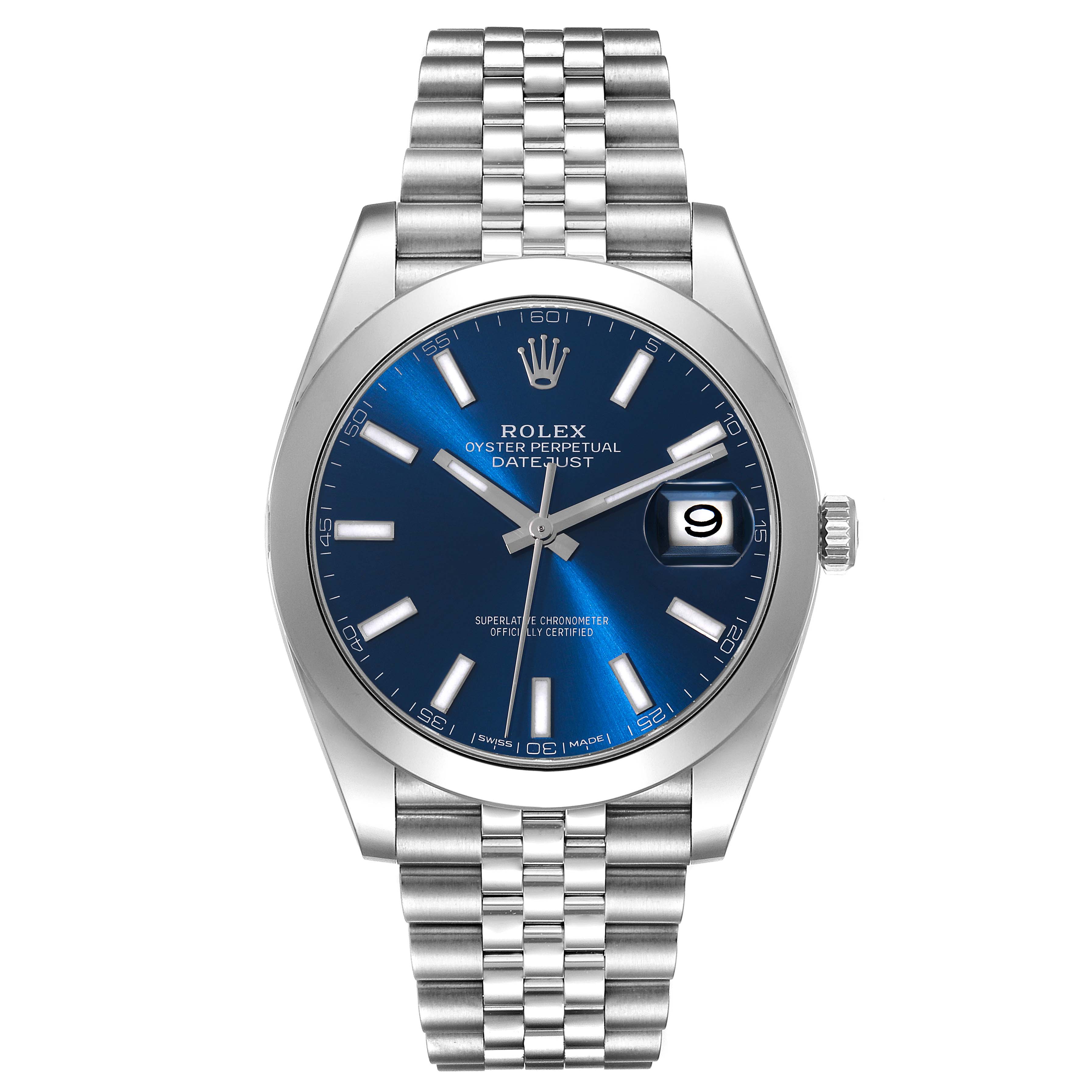 The image shows a front view of the Rolex Datejust 41 126300 Men
s Stainless Steel Blue Dial 126300 Men
s Stainless Steel Blue Dial watch with a blue dial and a Jubilee bracelet.