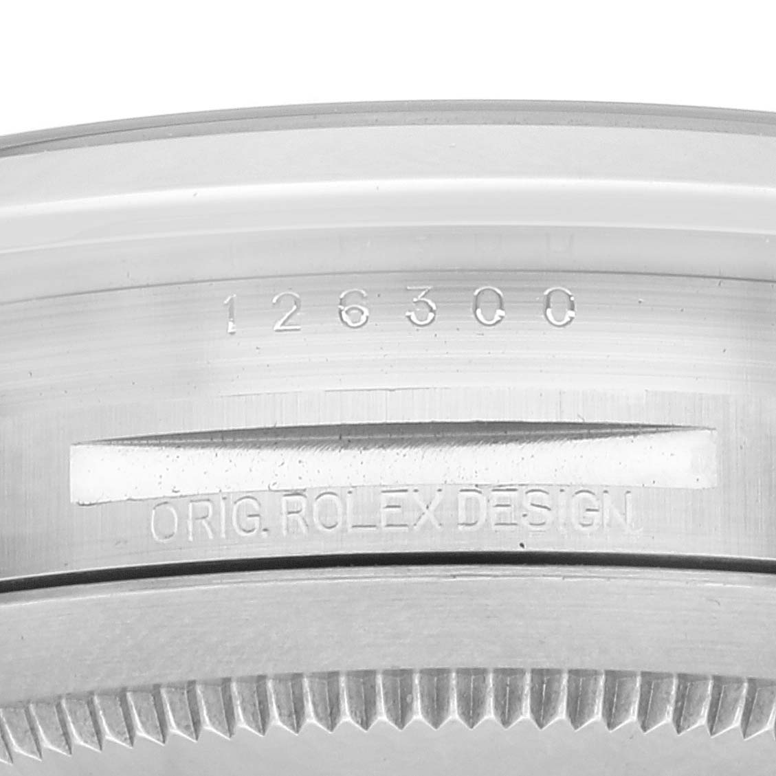 This close-up image shows the side of a Rolex Datejust 41 126300 Men
s Stainless Steel Blue Dial 126300 Men
s Stainless Steel Blue Dial model, featuring its model number and "ORIG. ROLEX DESIGN" engraving.