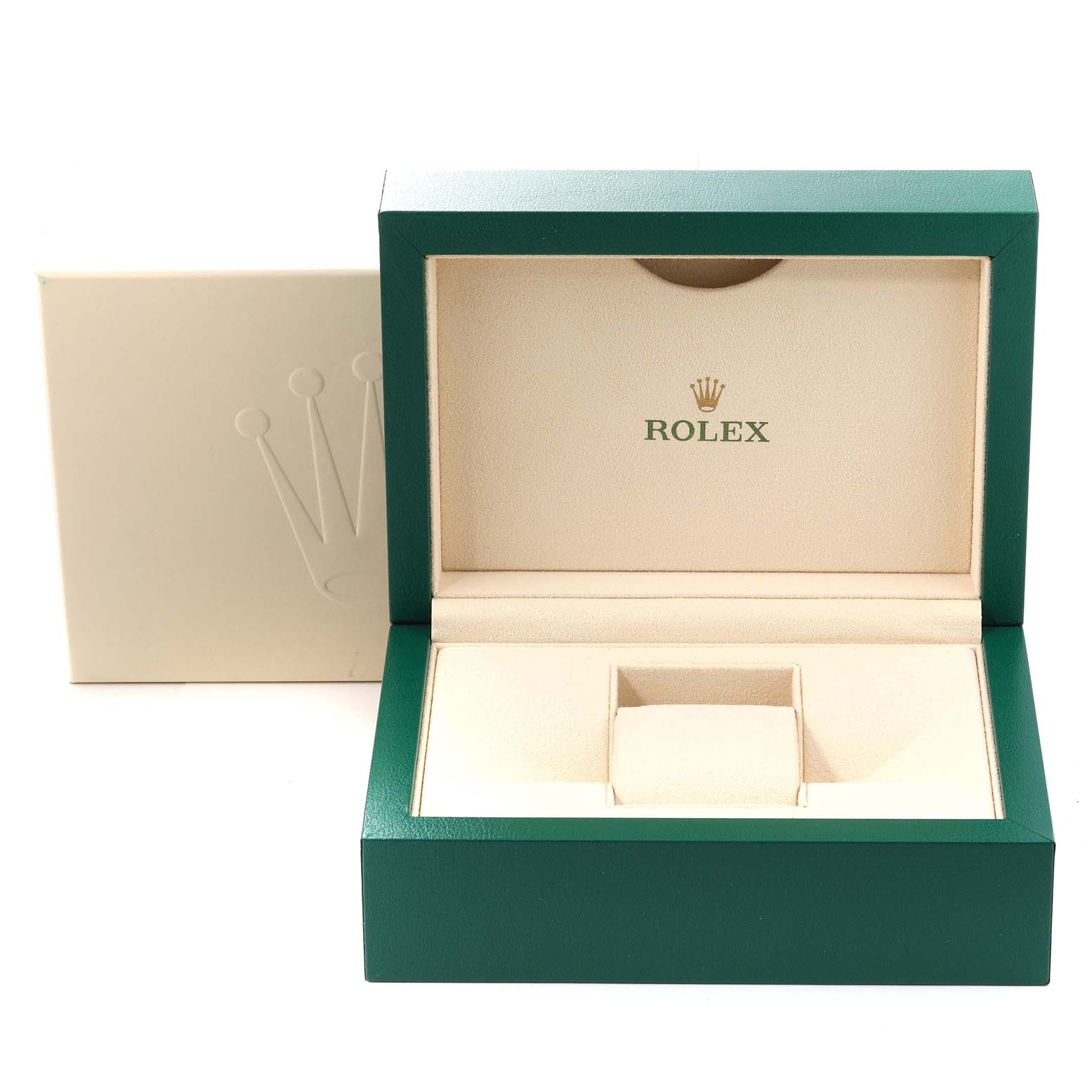 A Rolex Datejust 41 126300 Men
s Stainless Steel Blue Dial 126300 Men
s Stainless Steel Blue Dial box and packaging is shown, with a green outer box and beige interior.