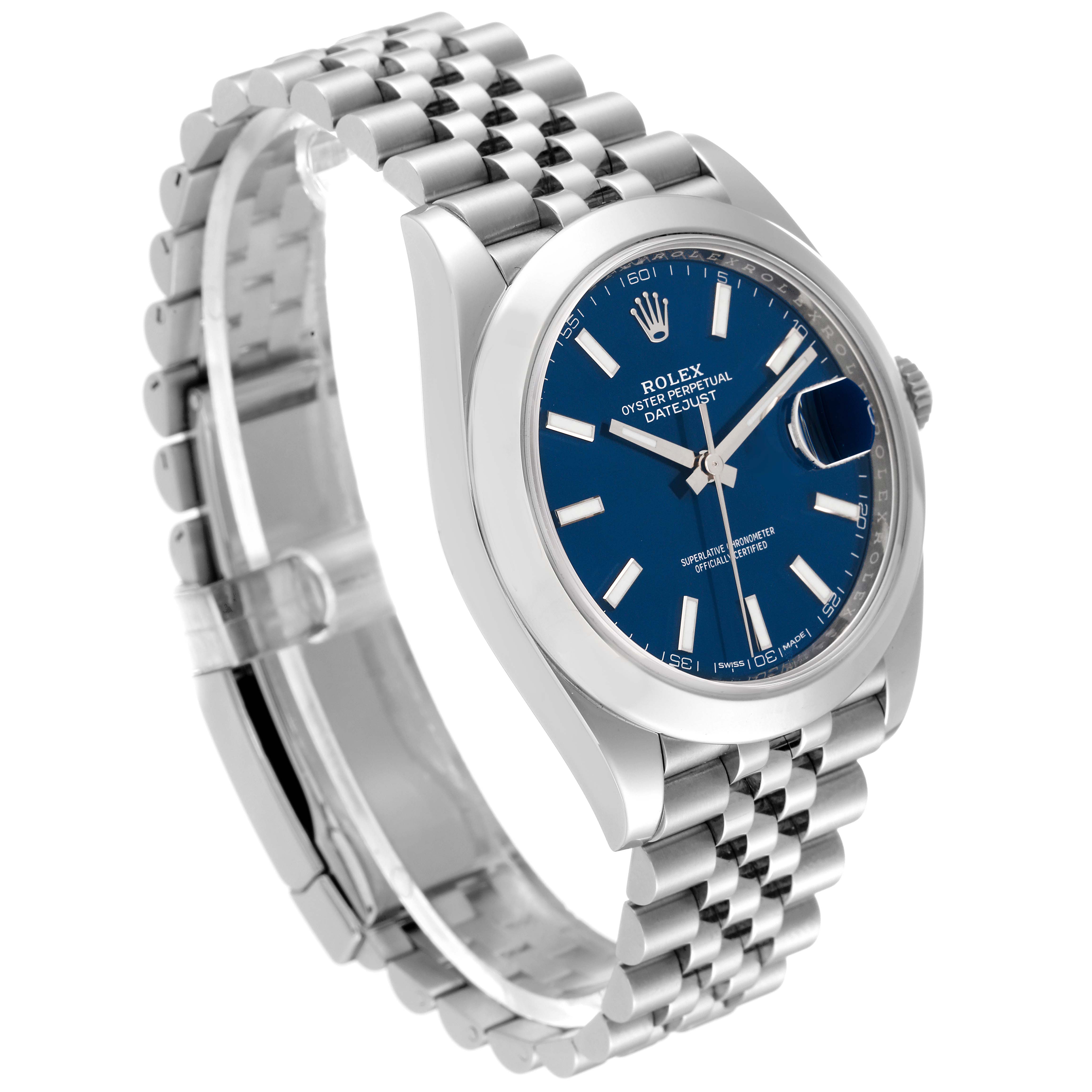 The image shows a side view of a Rolex Datejust 41 126300 Men
s Stainless Steel Blue Dial 126300 Men
s Stainless Steel Blue Dial watch, highlighting the blue dial, stainless steel case, and Jubilee bracelet.