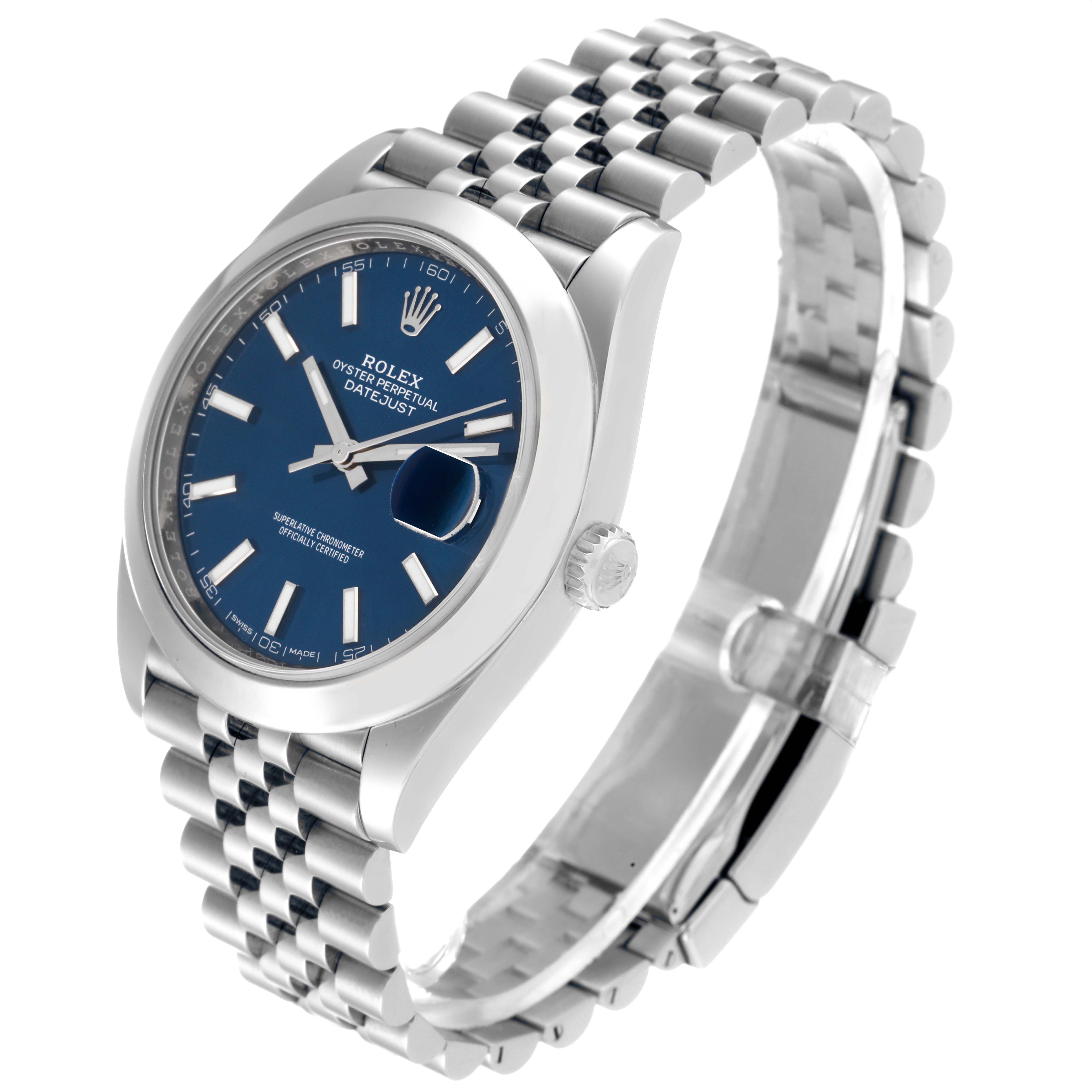The Rolex Datejust 41 126300 Men
s Stainless Steel Blue Dial 126300 Men
s Stainless Steel Blue Dial watch is shown at a slight angle, featuring the blue dial, Jubilee bracelet, and classic fluted bezel.