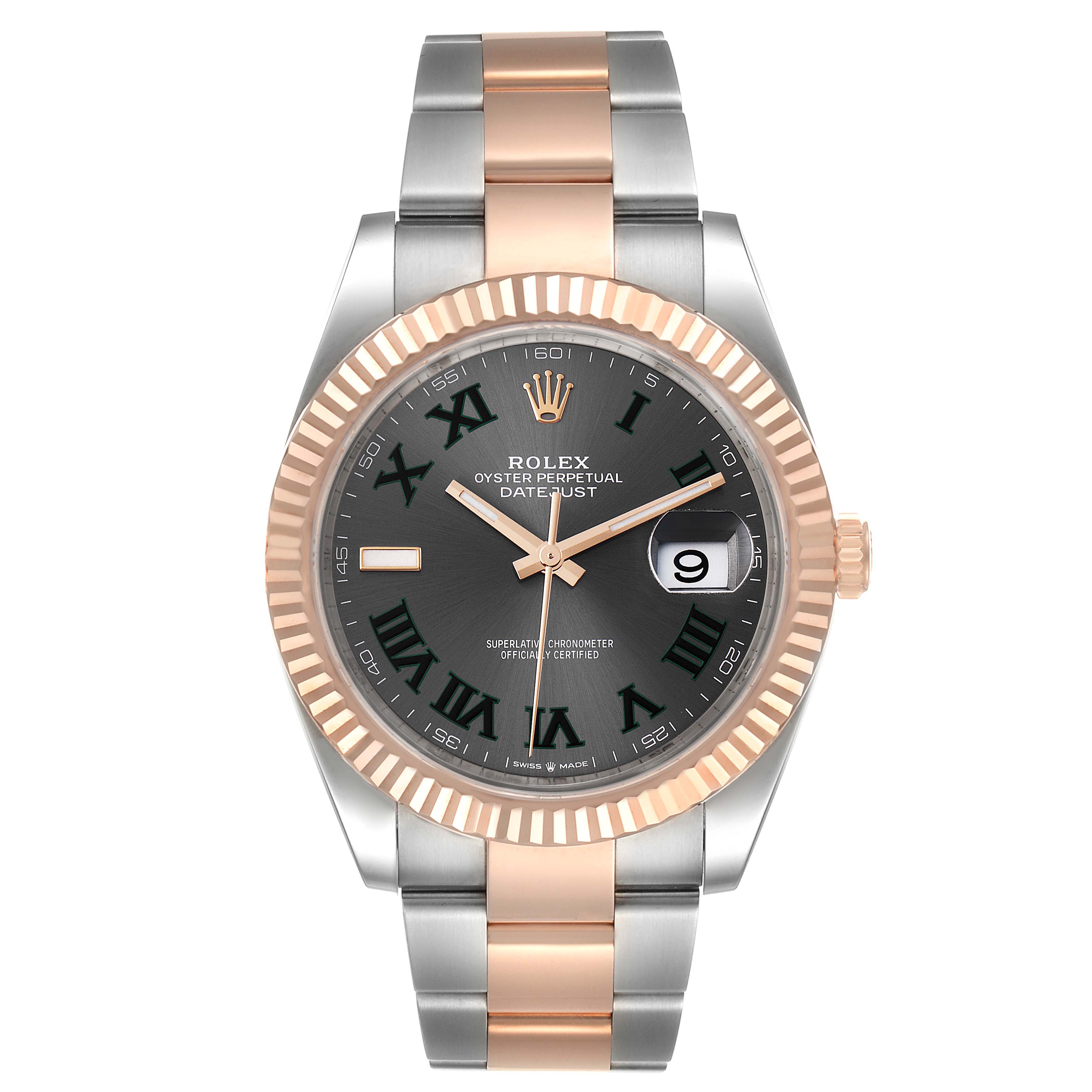 The image shows a frontal view of a Rolex Datejust 41 126331 Men's Steel and Gold (two tone) Grey Dial 126331 Men's Steel and Gold (two tone) Grey Dial watch with roman numerals on the dial and a two-tone bracelet.