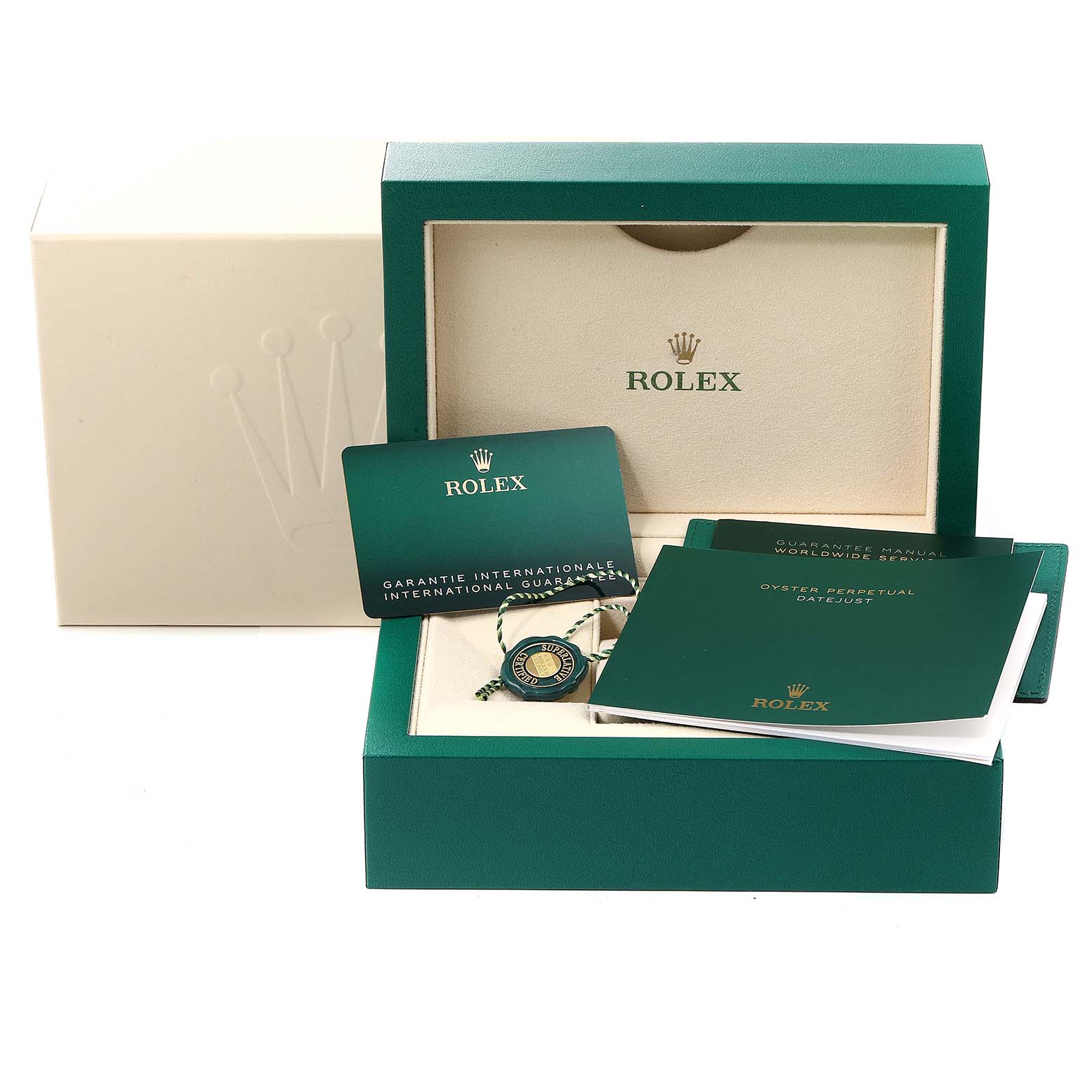 The image shows the packaging, guarantee manual, and accessories for the Rolex Datejust 41 126331 Men's Steel and Gold (two tone) Grey Dial 126331 Men's Steel and Gold (two tone) Grey Dial model, including its box and tags.