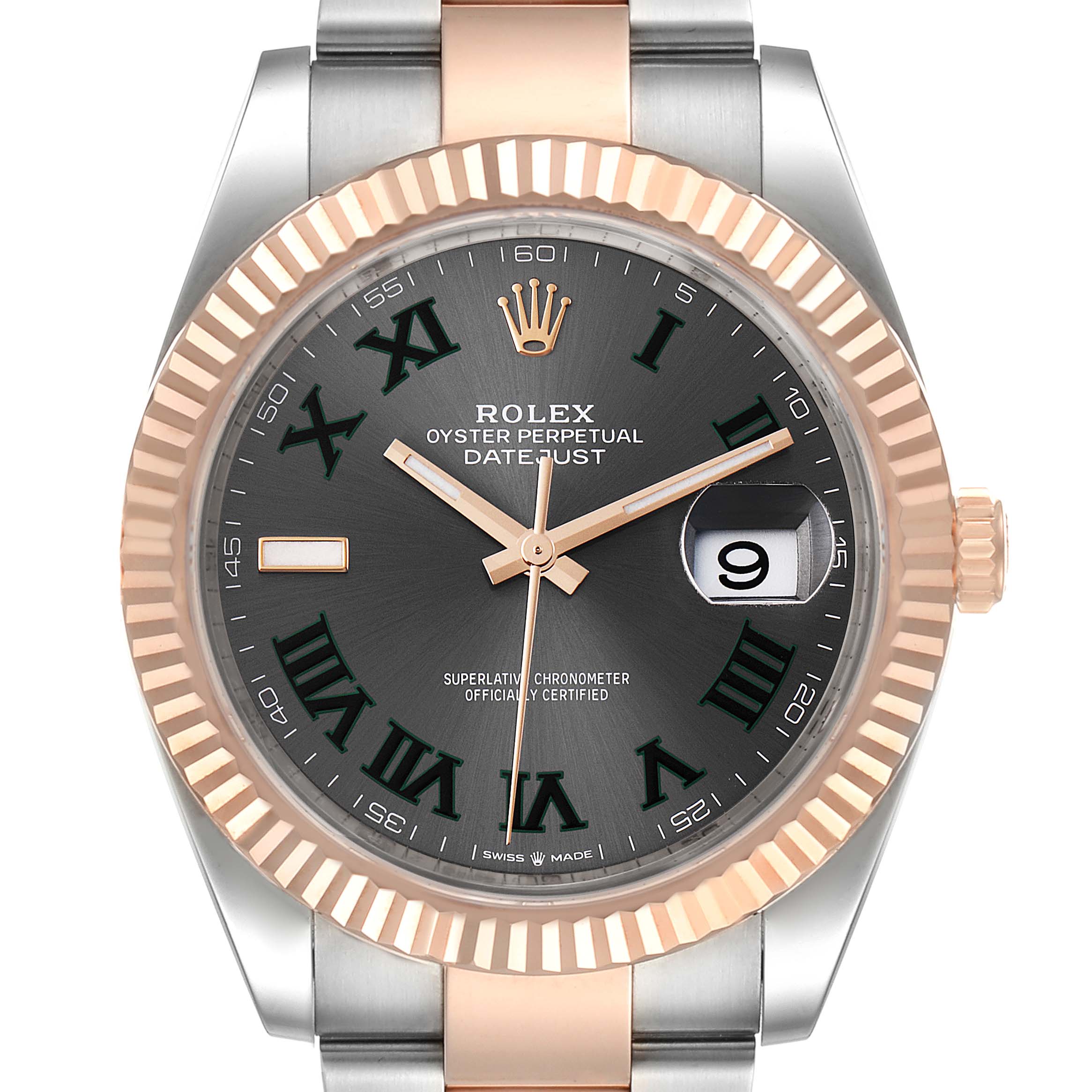 A direct view of the Rolex Datejust 41 126331 Men's Steel and Gold (two tone) Grey Dial 126331 Men's Steel and Gold (two tone) Grey Dial watch showcasing the dial, bezel, crown, and part of the bracelet.