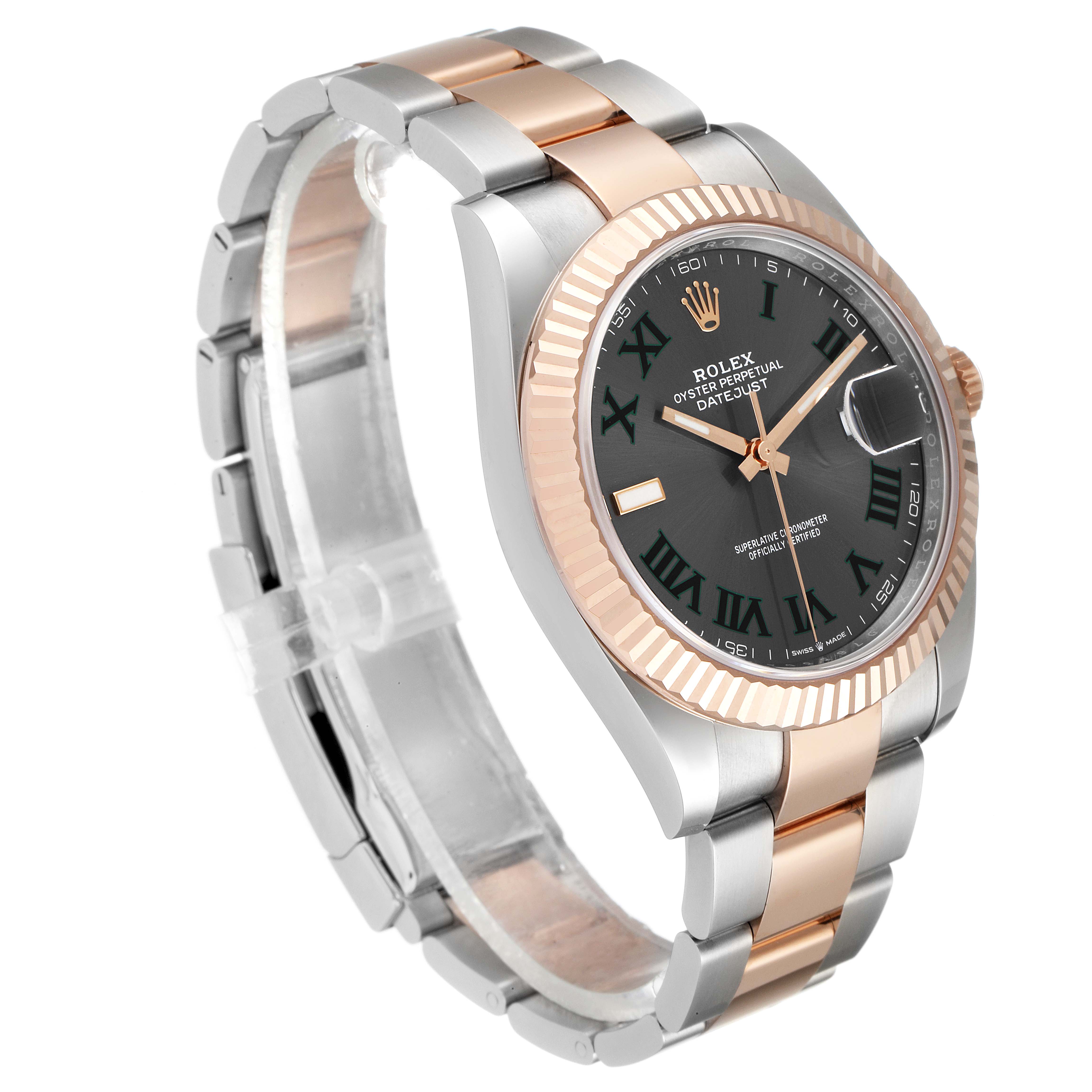 This image shows a front-left angle view of the Rolex Datejust 41 126331 Men's Steel and Gold (two tone) Grey Dial 126331 Men's Steel and Gold (two tone) Grey Dial, highlighting its face, fluted bezel, and two-tone bracelet.