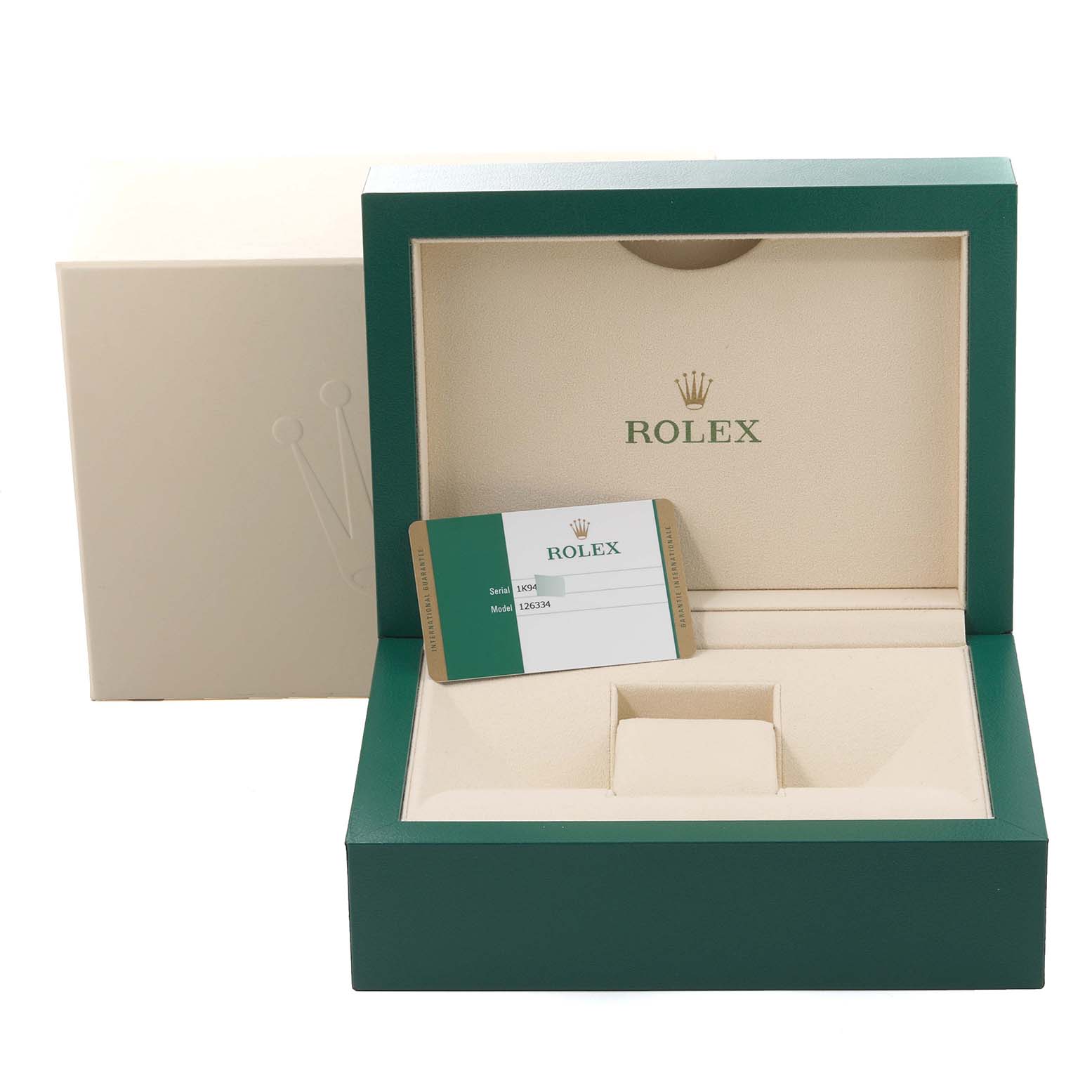 This image shows the packaging box and Best Quality
ity card for the Rolex Datejust 41 126334 Men
s Stainless Steel Blue Dial 126334 Men
s Stainless Steel Blue Dial model.