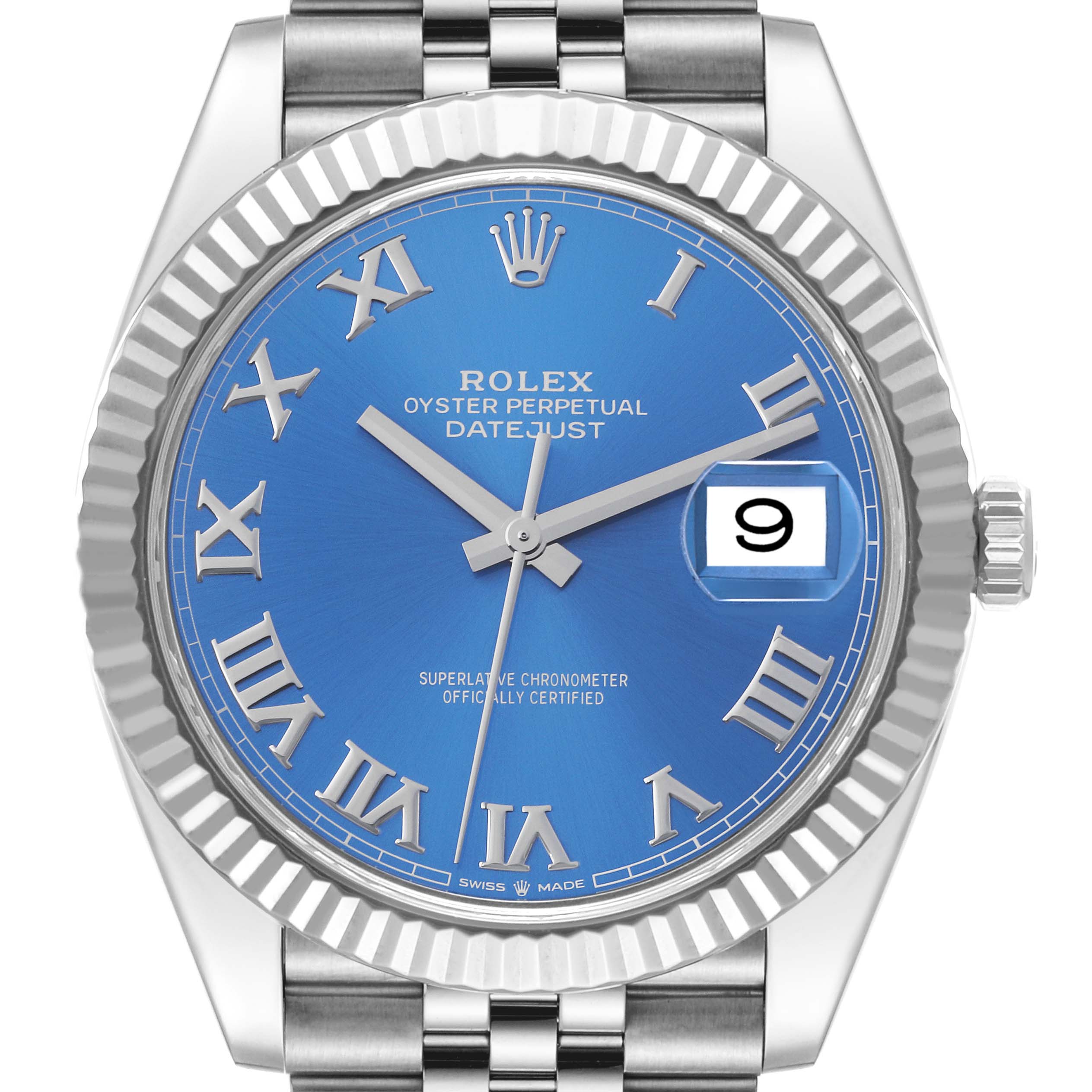 The image shows a front view of a Rolex Datejust 41 126334 Men
s Stainless Steel Blue Dial 126334 Men
s Stainless Steel Blue Dial watch with a blue dial and Roman numerals.