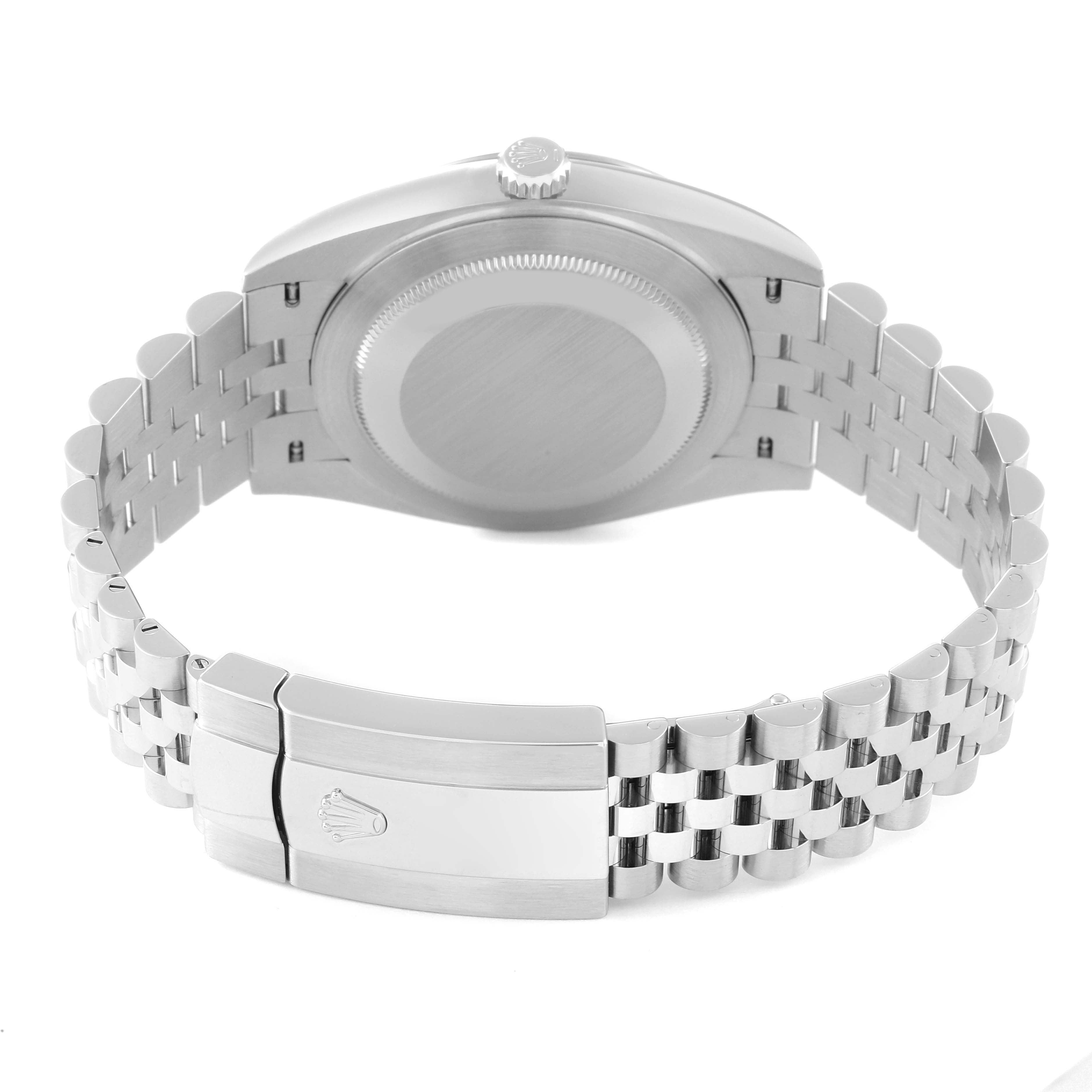 The image shows the back view of a Rolex Datejust 41 126334 Men
s Stainless Steel Blue Dial 126334 Men
s Stainless Steel Blue Dial watch, focusing on the case back and Jubilee bracelet with the clasp.