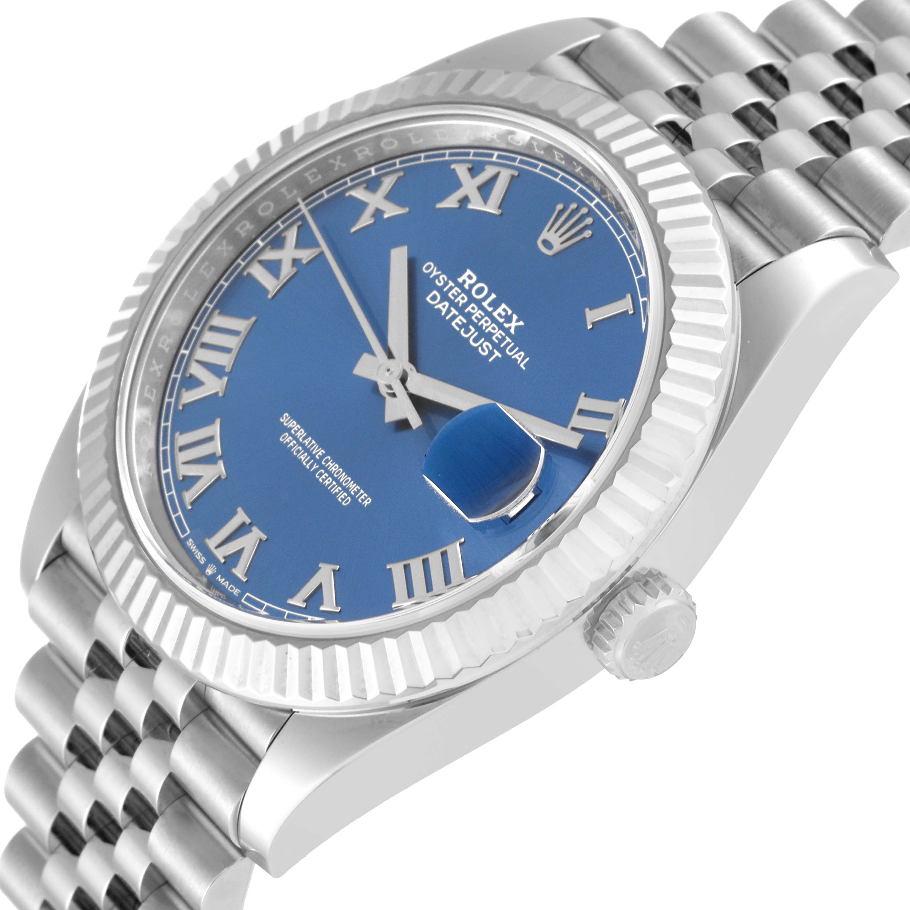 The image shows a close-up angled view of the Rolex Datejust 41 126334 Men
s Stainless Steel Blue Dial 126334 Men
s Stainless Steel Blue Dial watch focusing on the dial, crown, and part of the bracelet.