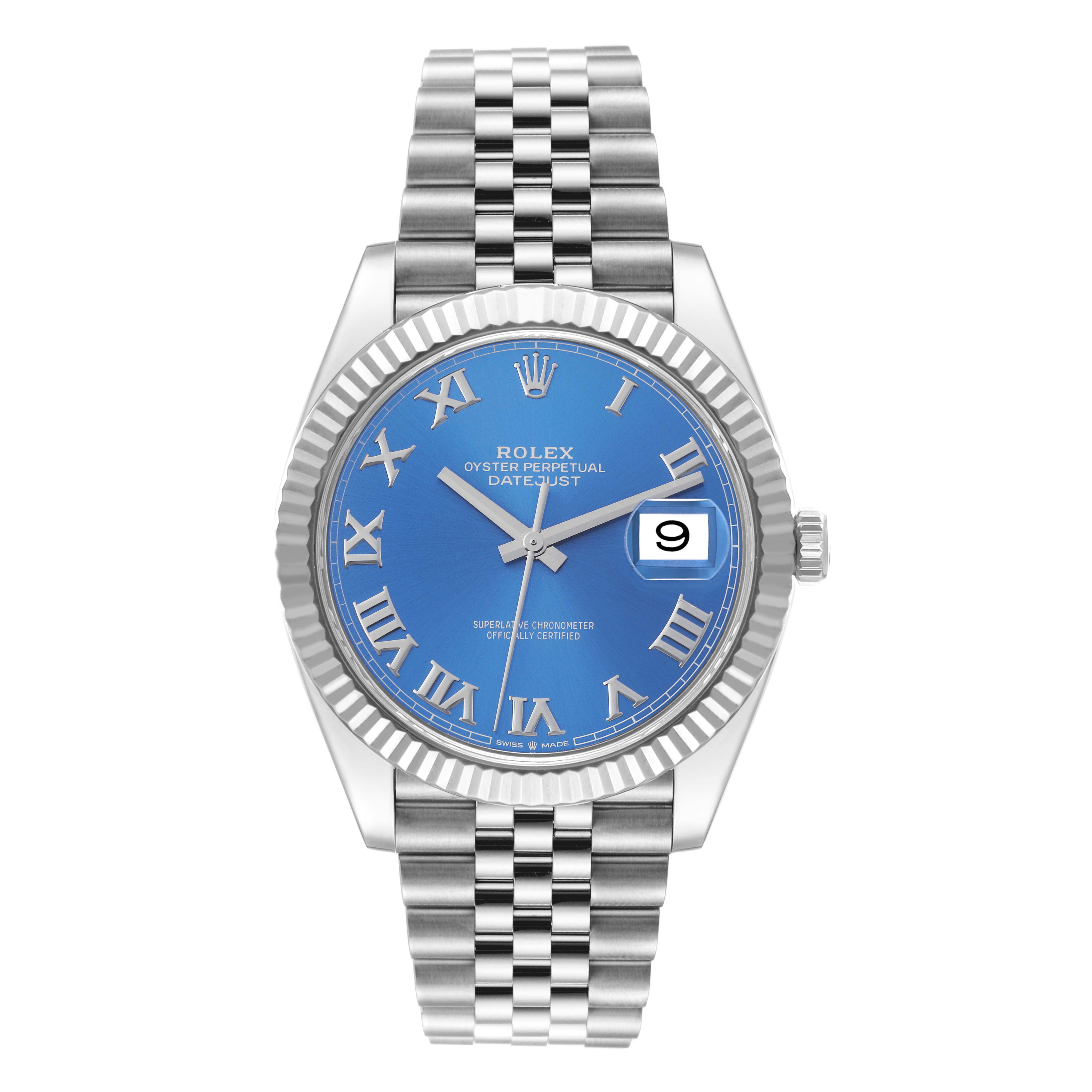 The Rolex Datejust 41 126334 Men
s Stainless Steel Blue Dial 126334 Men
s Stainless Steel Blue Dial watch is shown from a top view, displaying the face, bezel, and Jubilee bracelet.