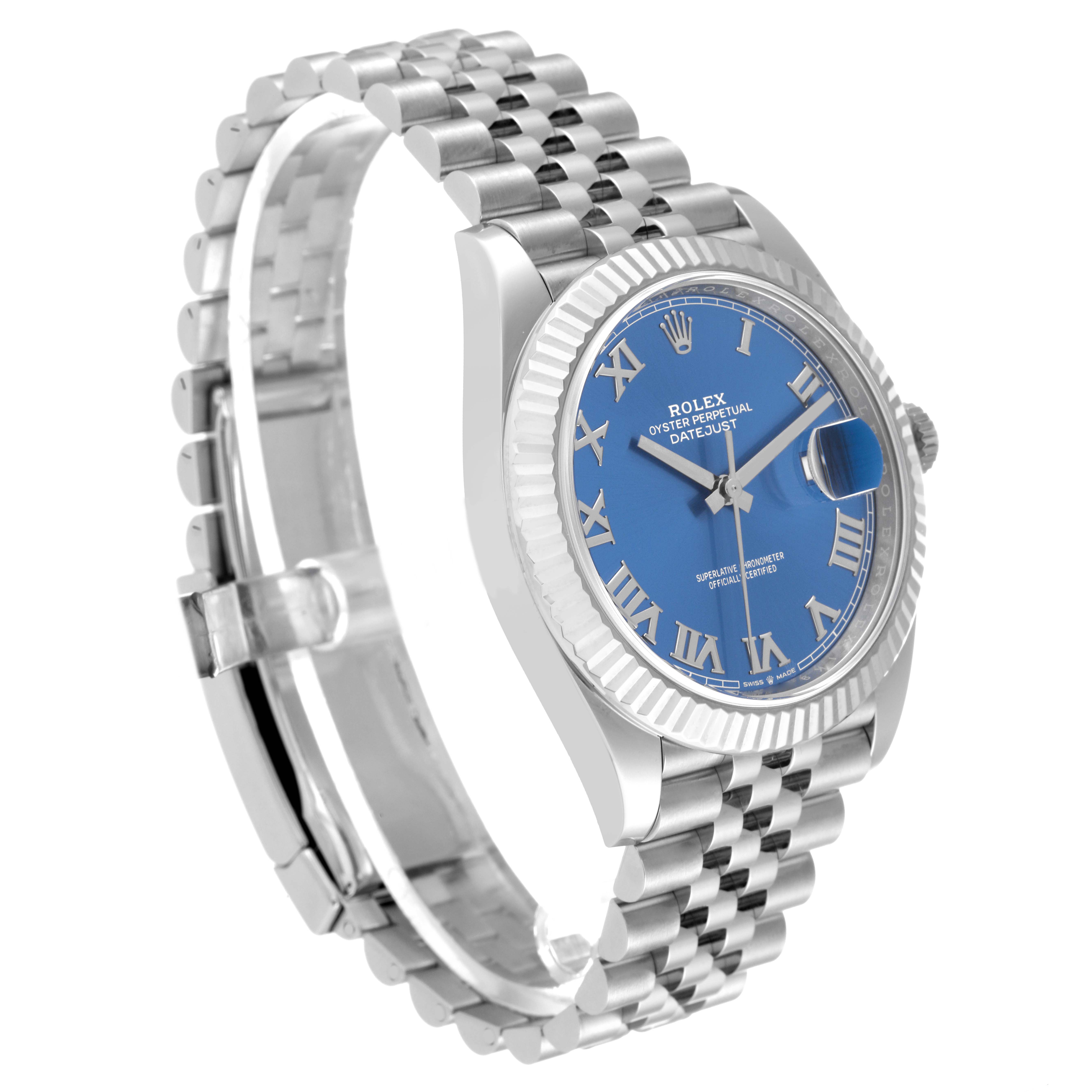 The image shows a side angle of the Rolex Datejust 41 126334 Men
s Stainless Steel Blue Dial 126334 Men
s Stainless Steel Blue Dial watch, highlighting the blue dial, jubilee bracelet, and fluted bezel.