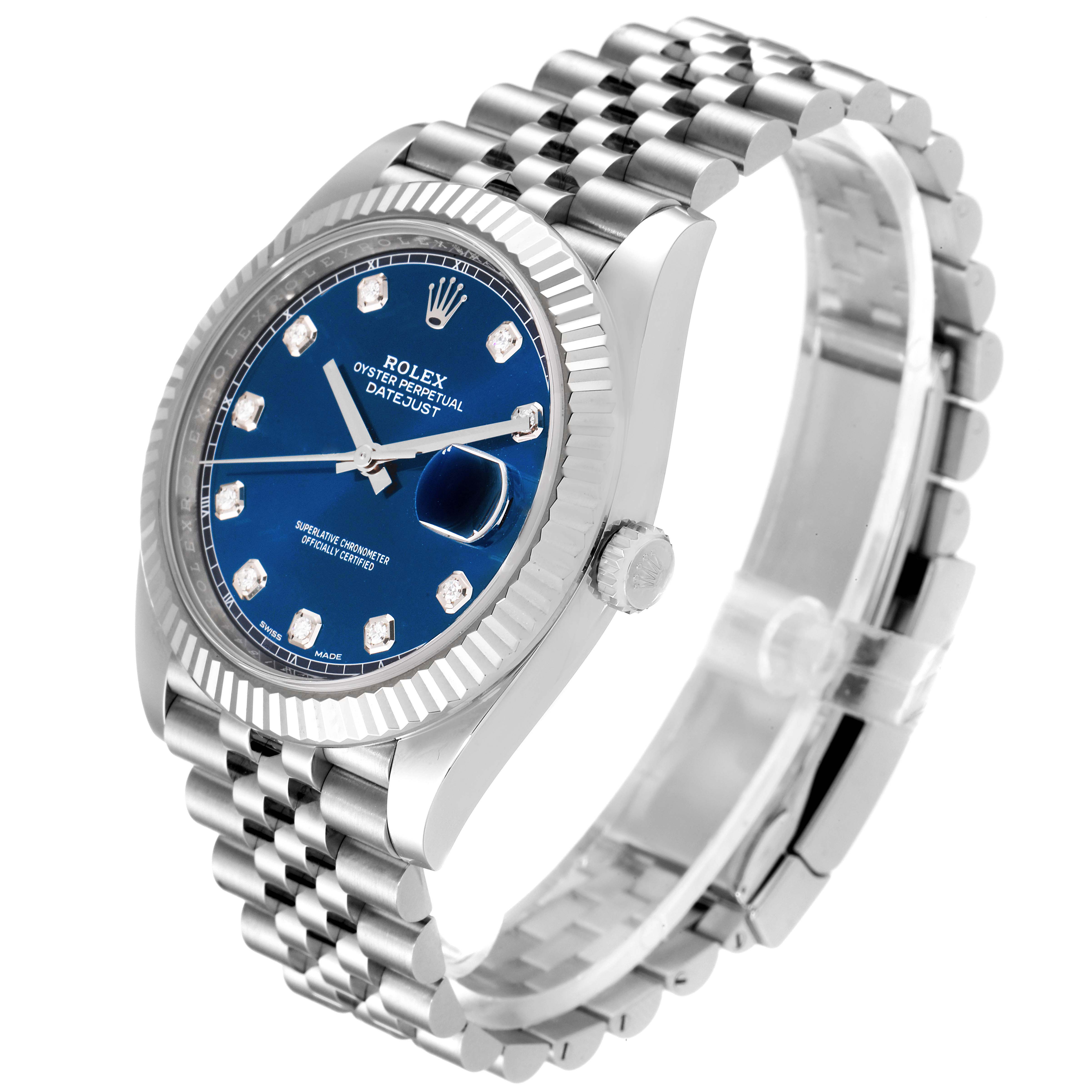 This image shows a Rolex Datejust 41 126334 Men's Stainless Steel Blue Dial 126334 Men's Stainless Steel Blue Dial watch at a three-quarter angle, highlighting the blue dial, diamond markers, fluted bezel, and Jubilee bracelet.