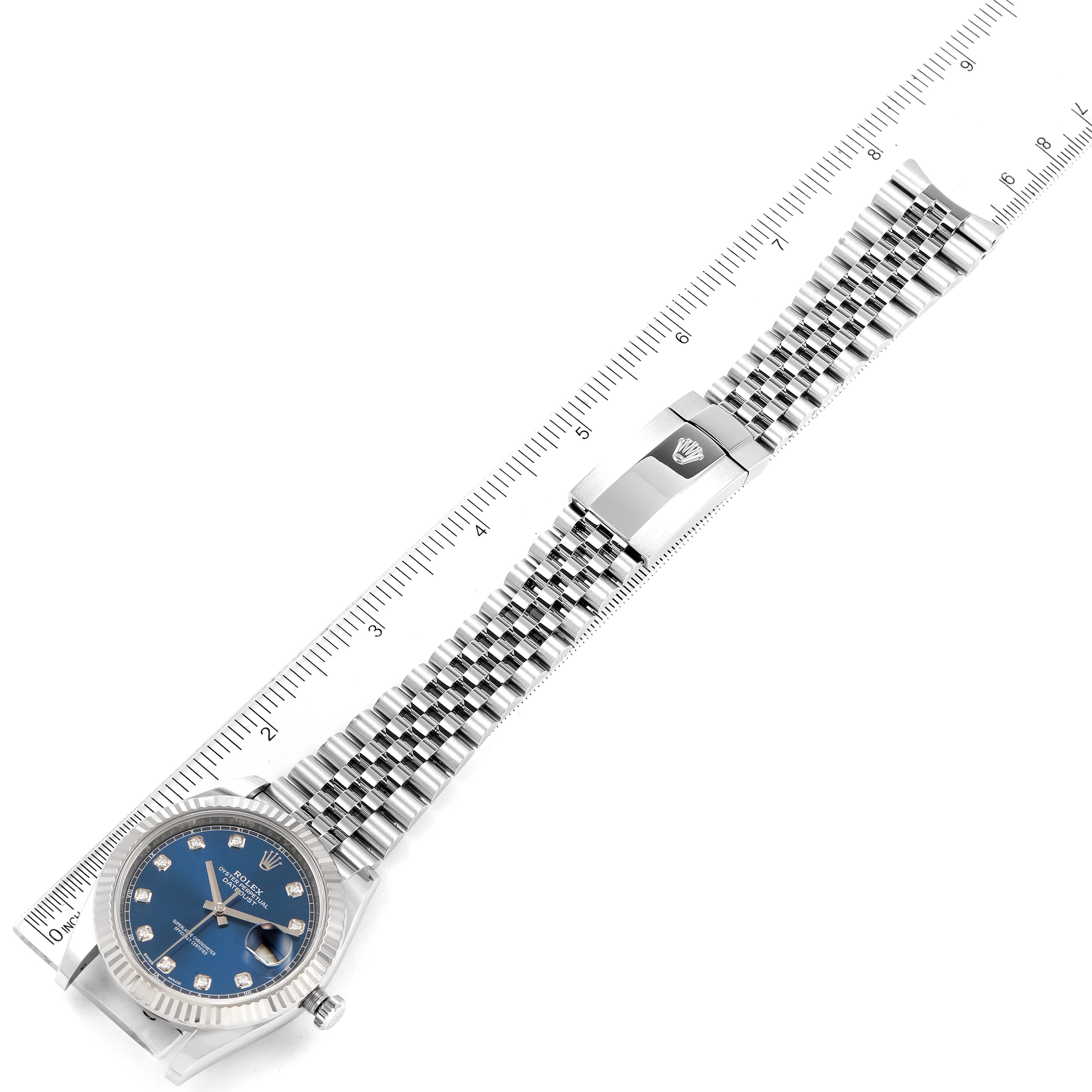 The image shows an angled top-down view of a Rolex Datejust 41 126334 Men's Stainless Steel Blue Dial 126334 Men's Stainless Steel Blue Dial, highlighting its bracelet and clasp.