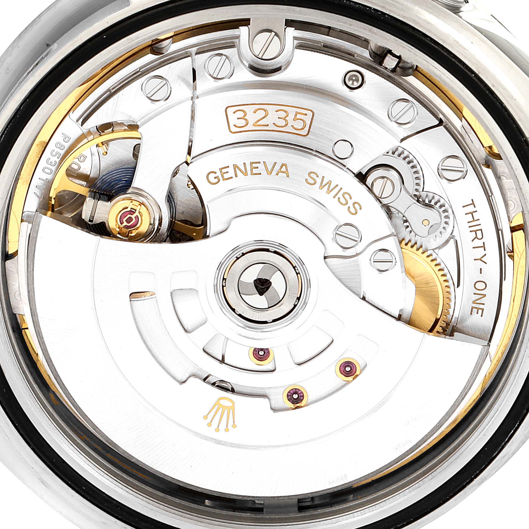 The image shows the back of the Rolex Datejust 41 126334 Men's Stainless Steel Blue Dial 126334 Men's Stainless Steel Blue Dial, revealing the intricate 3235 movement mechanism.