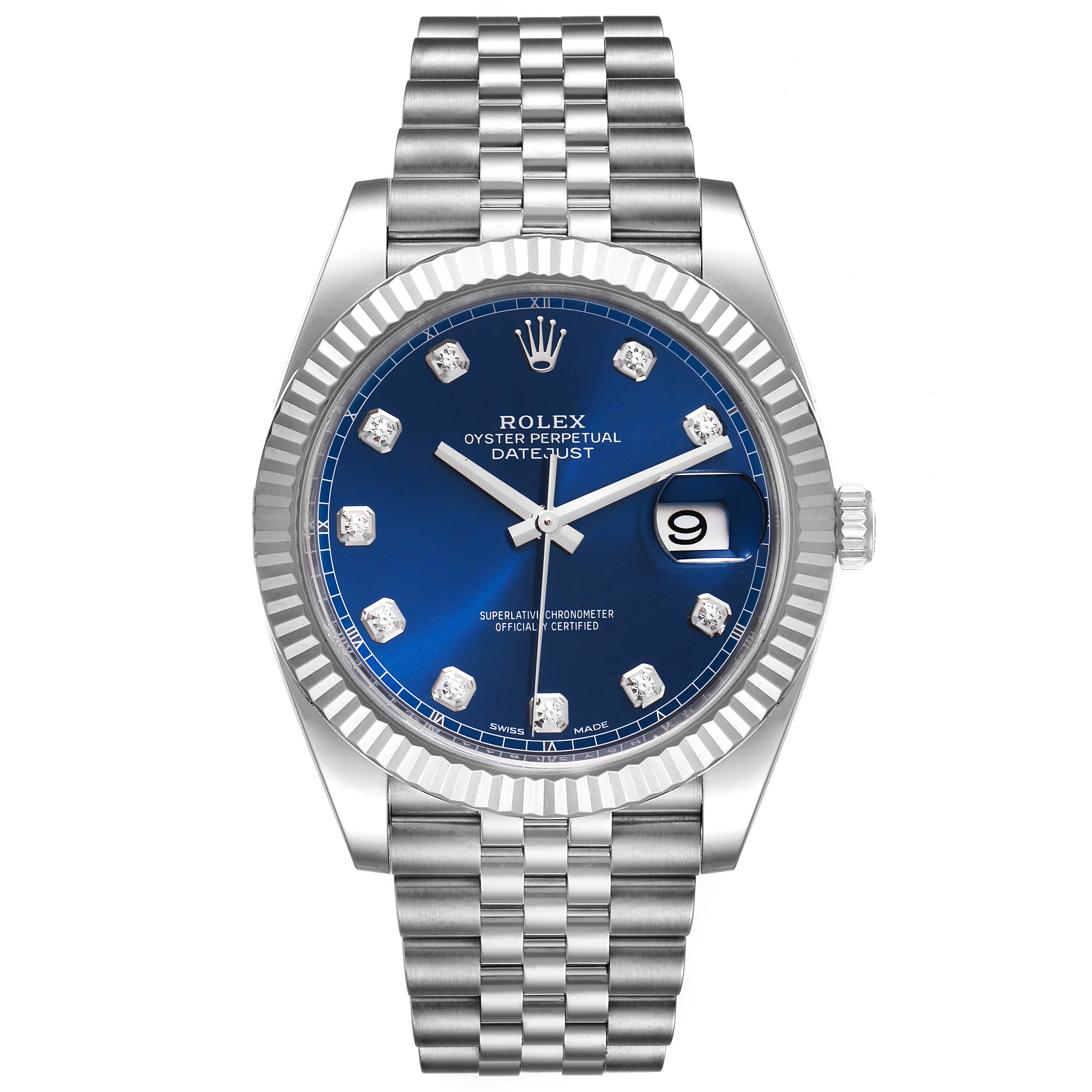 The image shows a front view of the Rolex Datejust 41 126334 Men's Stainless Steel Blue Dial 126334 Men's Stainless Steel Blue Dial watch, displaying its blue dial, diamond hour markers, and Jubilee bracelet.