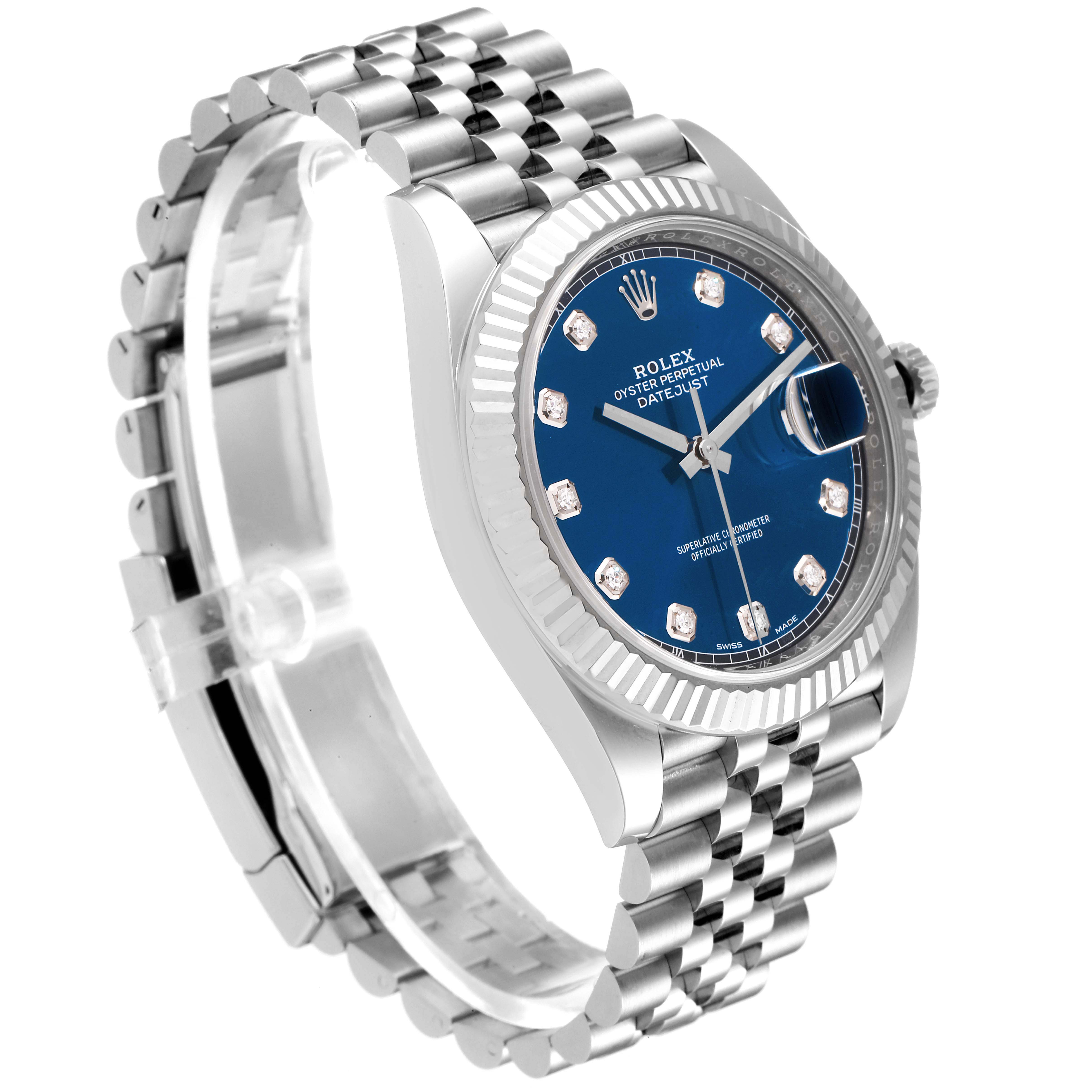 This image shows a Rolex Datejust 41 126334 Men's Stainless Steel Blue Dial 126334 Men's Stainless Steel Blue Dial watch from a side angle highlighting the dial, bezel, and bracelet.