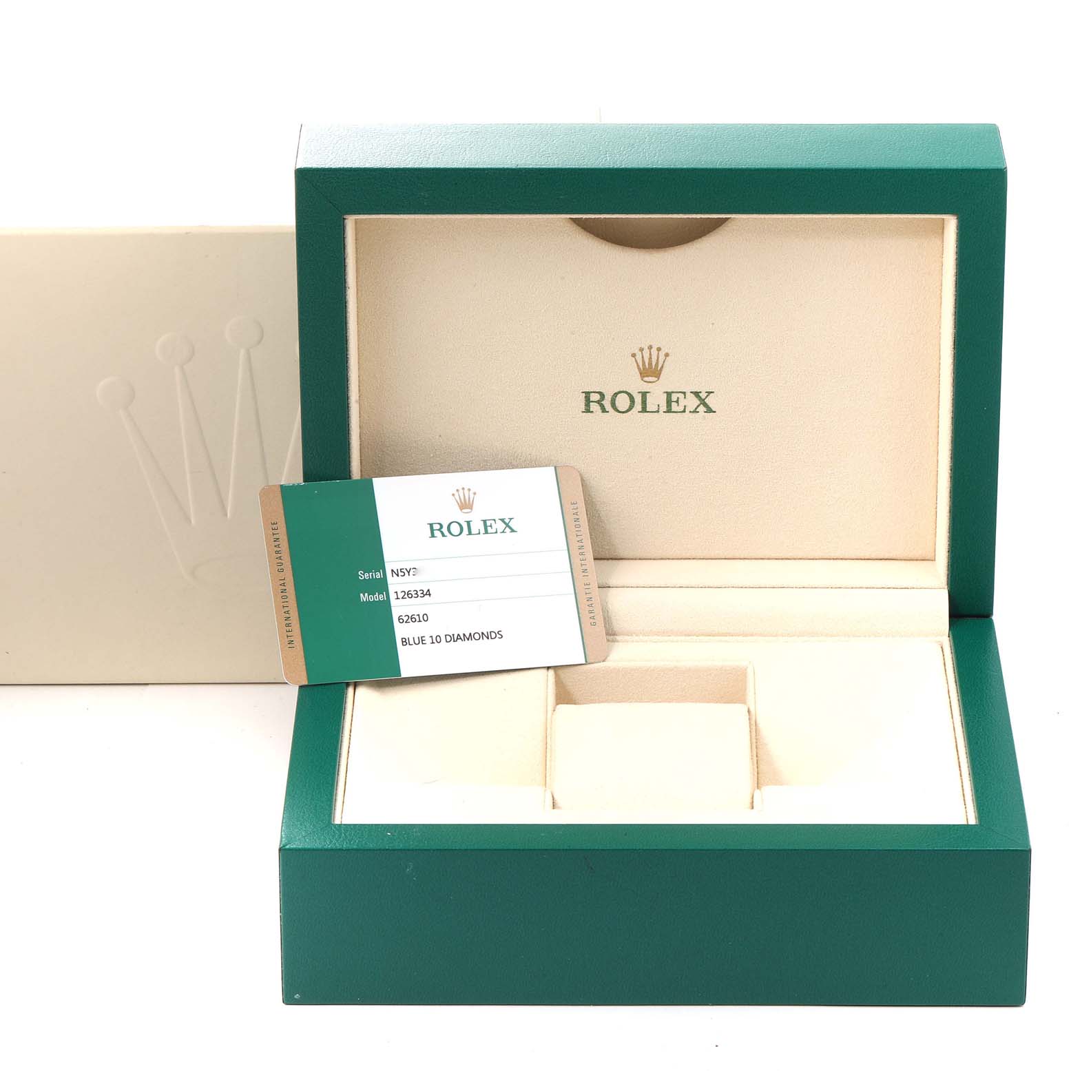 The image shows an open green Rolex watch box and card for the Datejust 41 model.