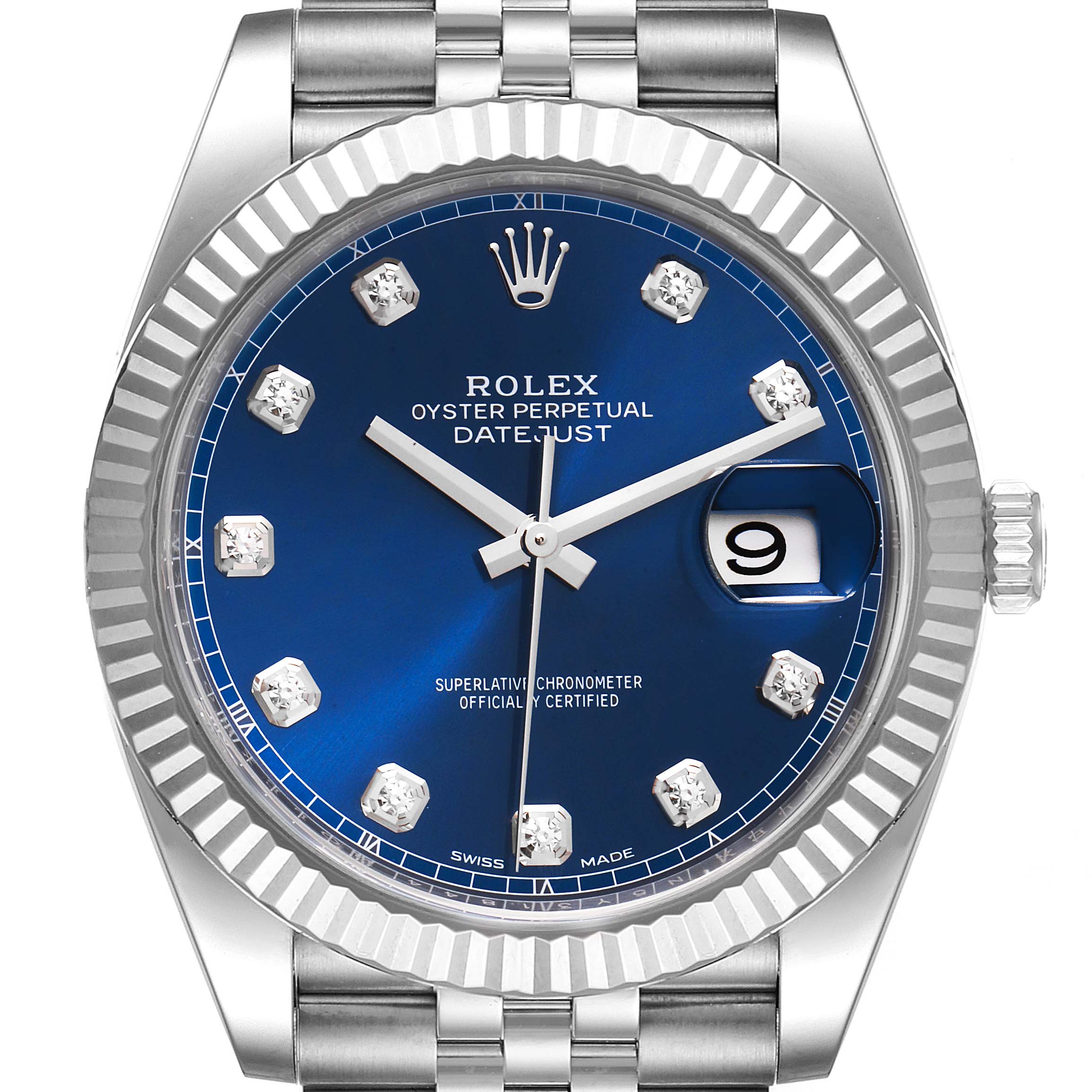 The image shows a Rolex Datejust 41 126334 Men's Stainless Steel Blue Dial 126334 Men's Stainless Steel Blue Dial watch from a front-facing angle, displaying the blue dial, date window, and fluted bezel.