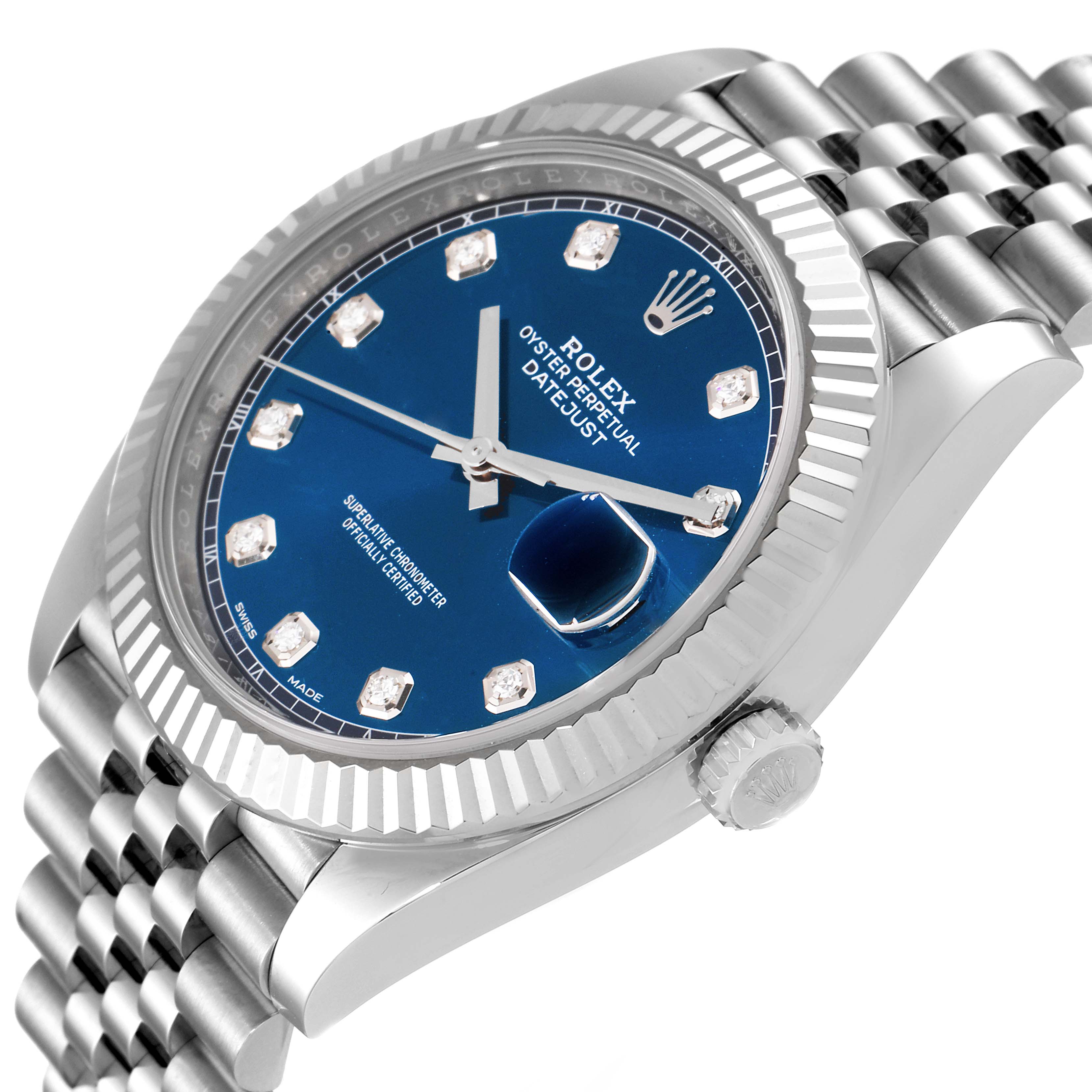 The image displays a close-up side angle of the Rolex Datejust 41 126334 Men's Stainless Steel Blue Dial 126334 Men's Stainless Steel Blue Dial watch, highlighting the dial, bezel, crown, and part of the bracelet.