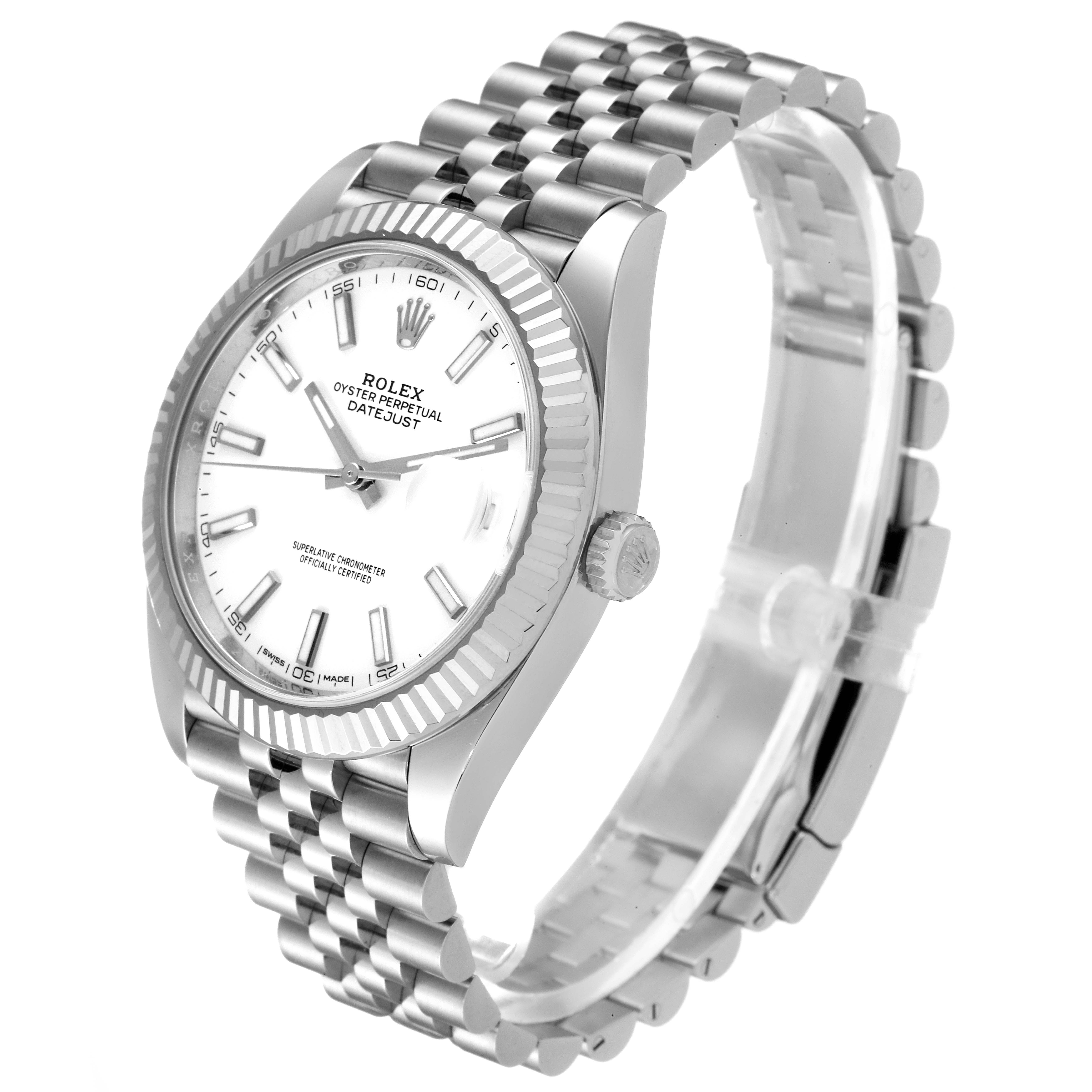 The Rolex Datejust 41 126334 Men
s Stainless Steel White Dial 126334 Men
s Stainless Steel White Dial watch is shown at an angle highlighting the face, bezel, crown, and Jubilee bracelet.