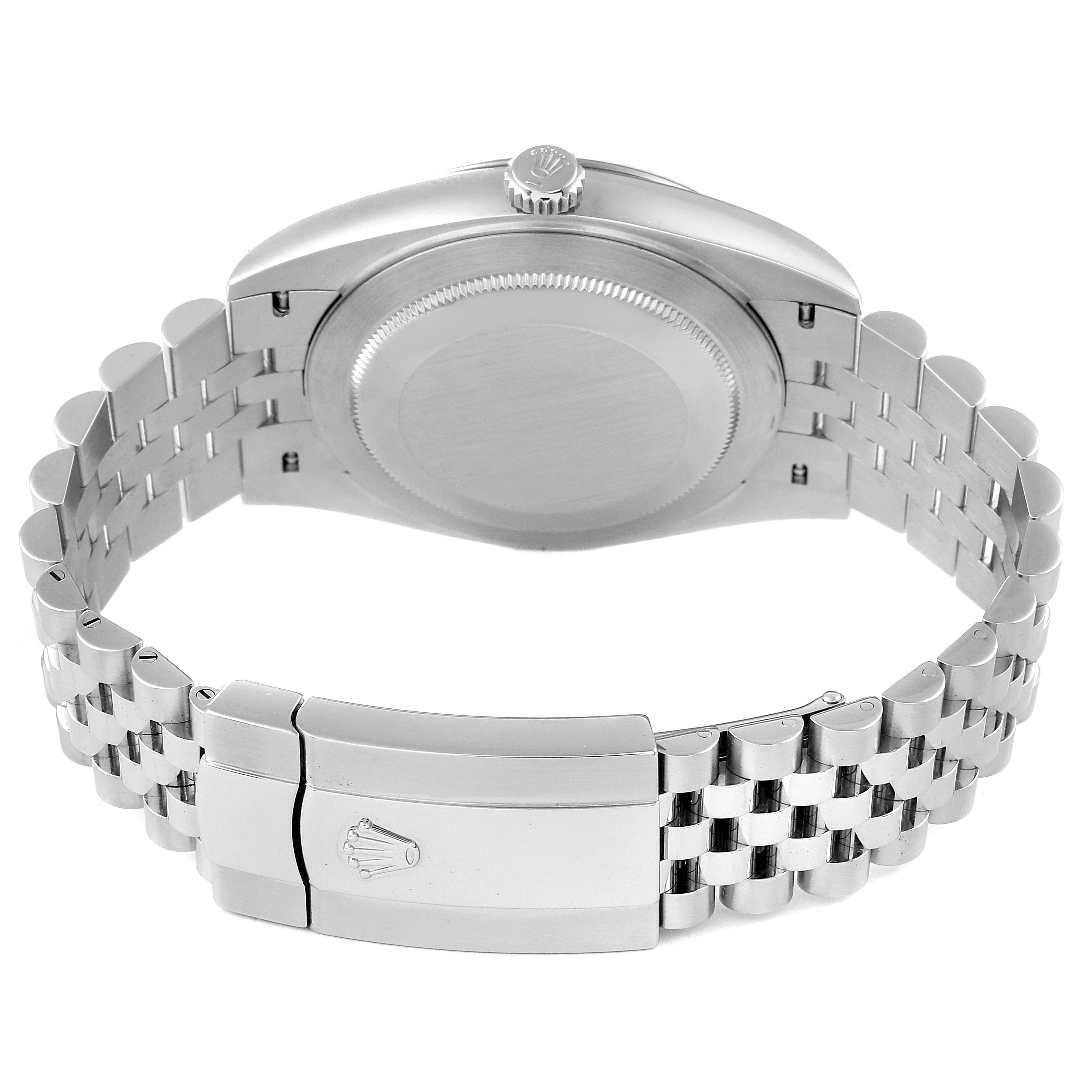 This image shows the back view of a Rolex Datejust 41 126334 Men
s Stainless Steel White Dial 126334 Men
s Stainless Steel White Dial watch, displaying its case back, bracelet, and clasp.