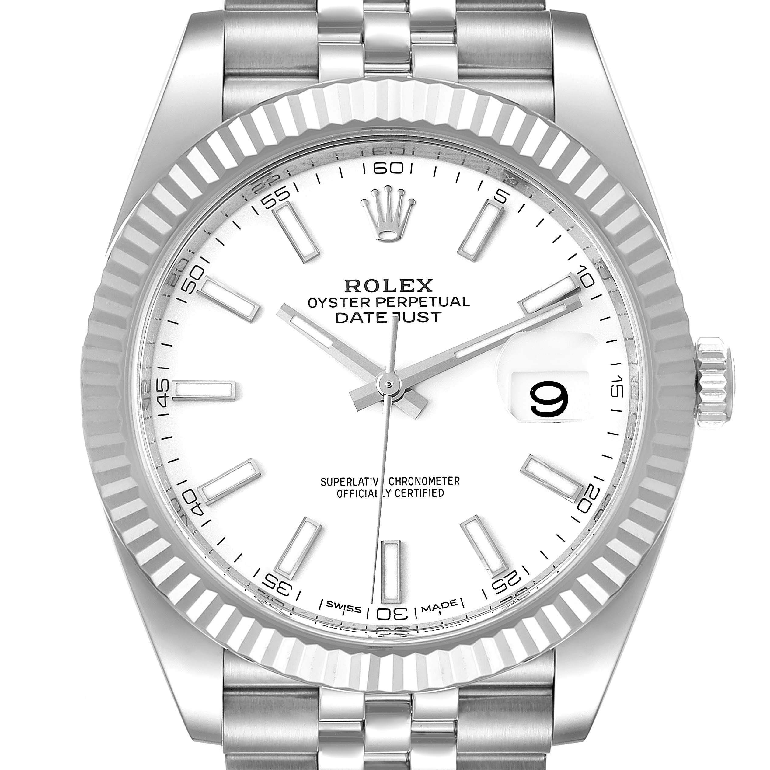 The image shows a front-facing view of a Rolex Datejust 41 126334 Men
s Stainless Steel White Dial 126334 Men
s Stainless Steel White Dial watch, highlighting its dial, bezel, crown, and bracelet.