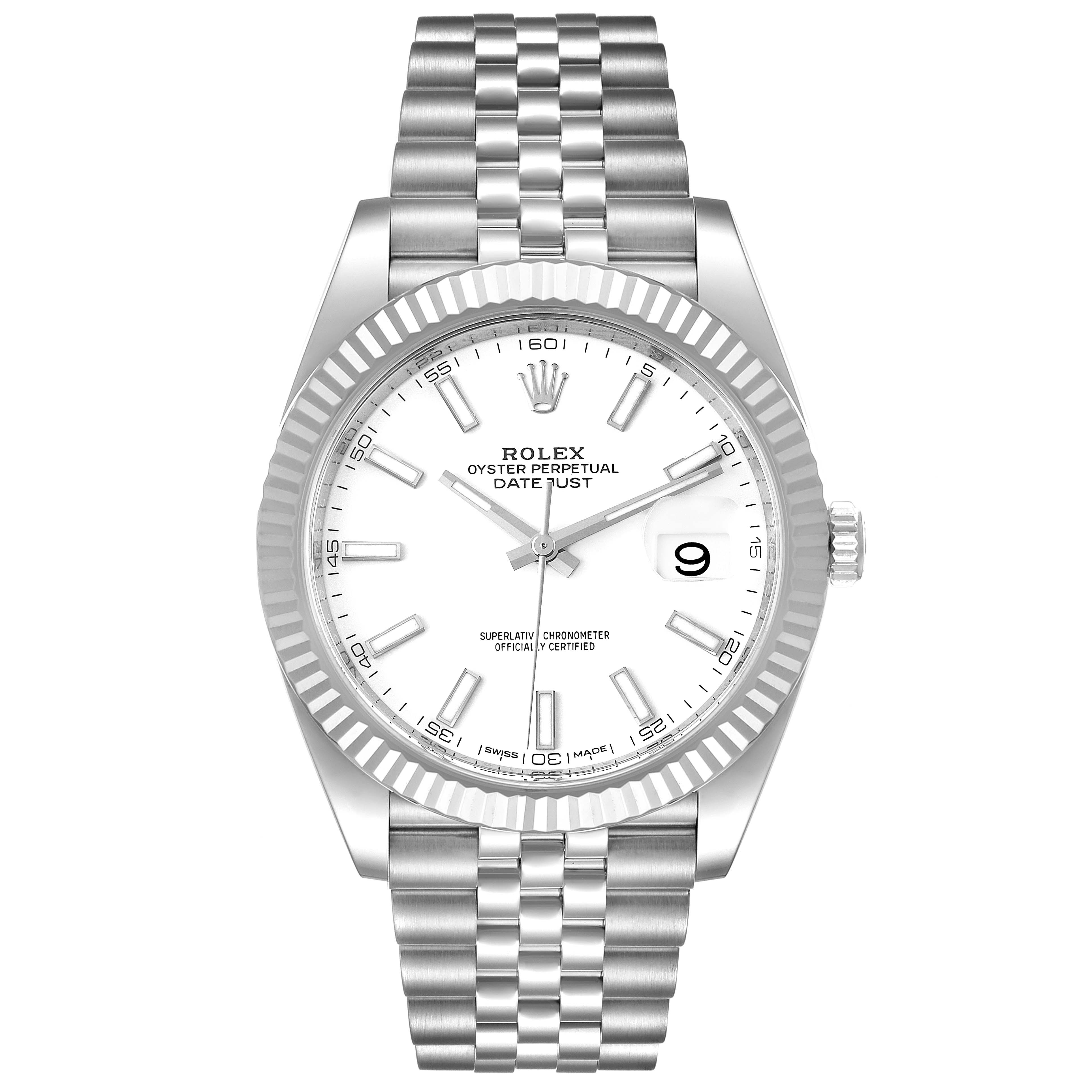The Rolex Datejust 41 126334 Men
s Stainless Steel White Dial 126334 Men
s Stainless Steel White Dial watch is shown from a front angle, displaying its dial, bezel, the date, and stainless steel bracelet.