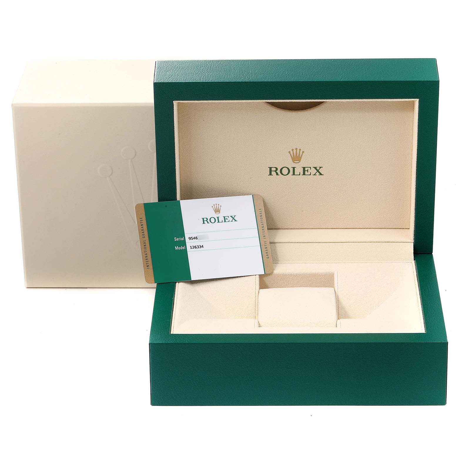This image shows the open box and warranty card for the Rolex Datejust 41 126334 Men
s Stainless Steel White Dial 126334 Men
s Stainless Steel White Dial model.