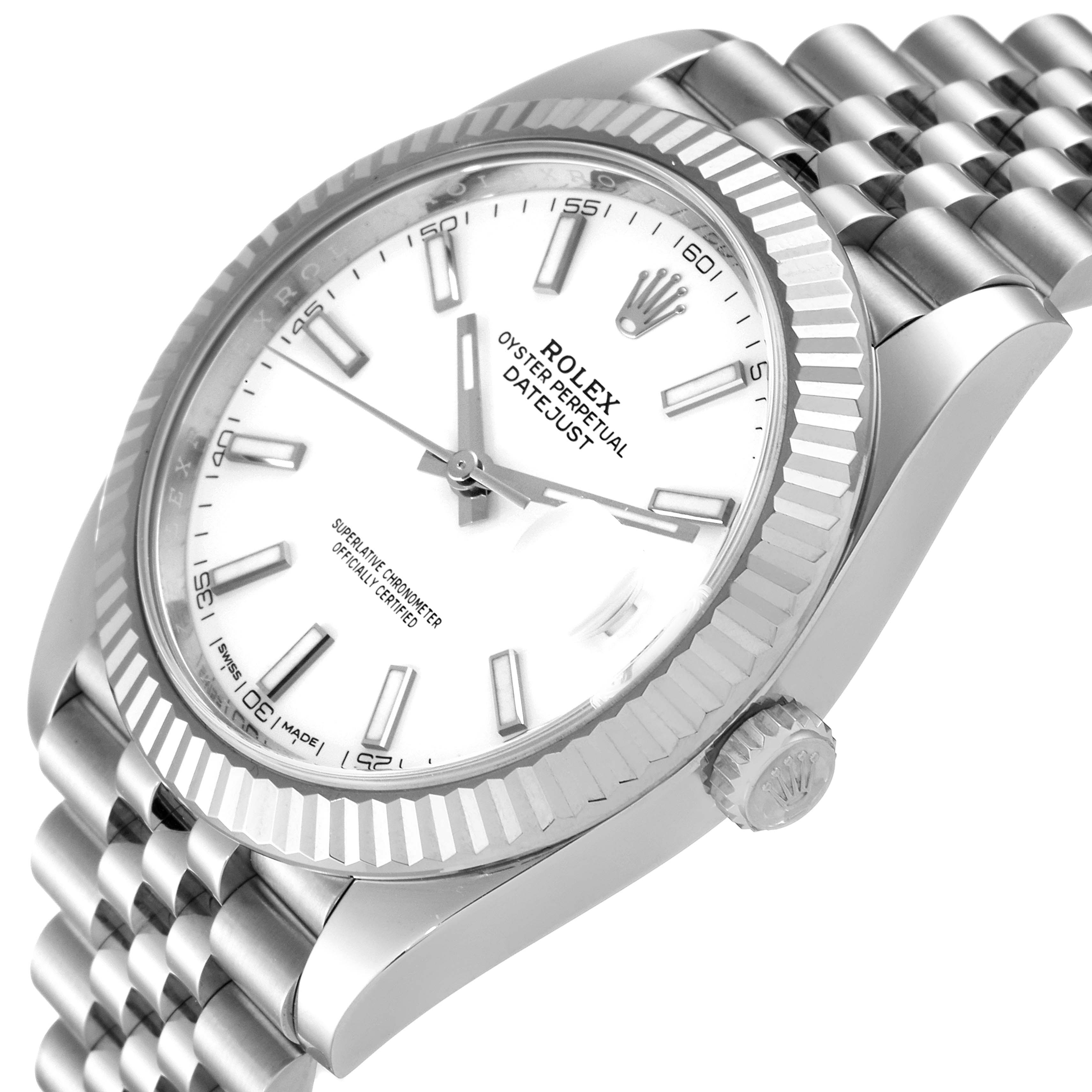 The image shows a Rolex Datejust 41 126334 Men
s Stainless Steel White Dial 126334 Men
s Stainless Steel White Dial watch at a three-quarter angle, highlighting the face, bezel, crown, and Jubilee bracelet.