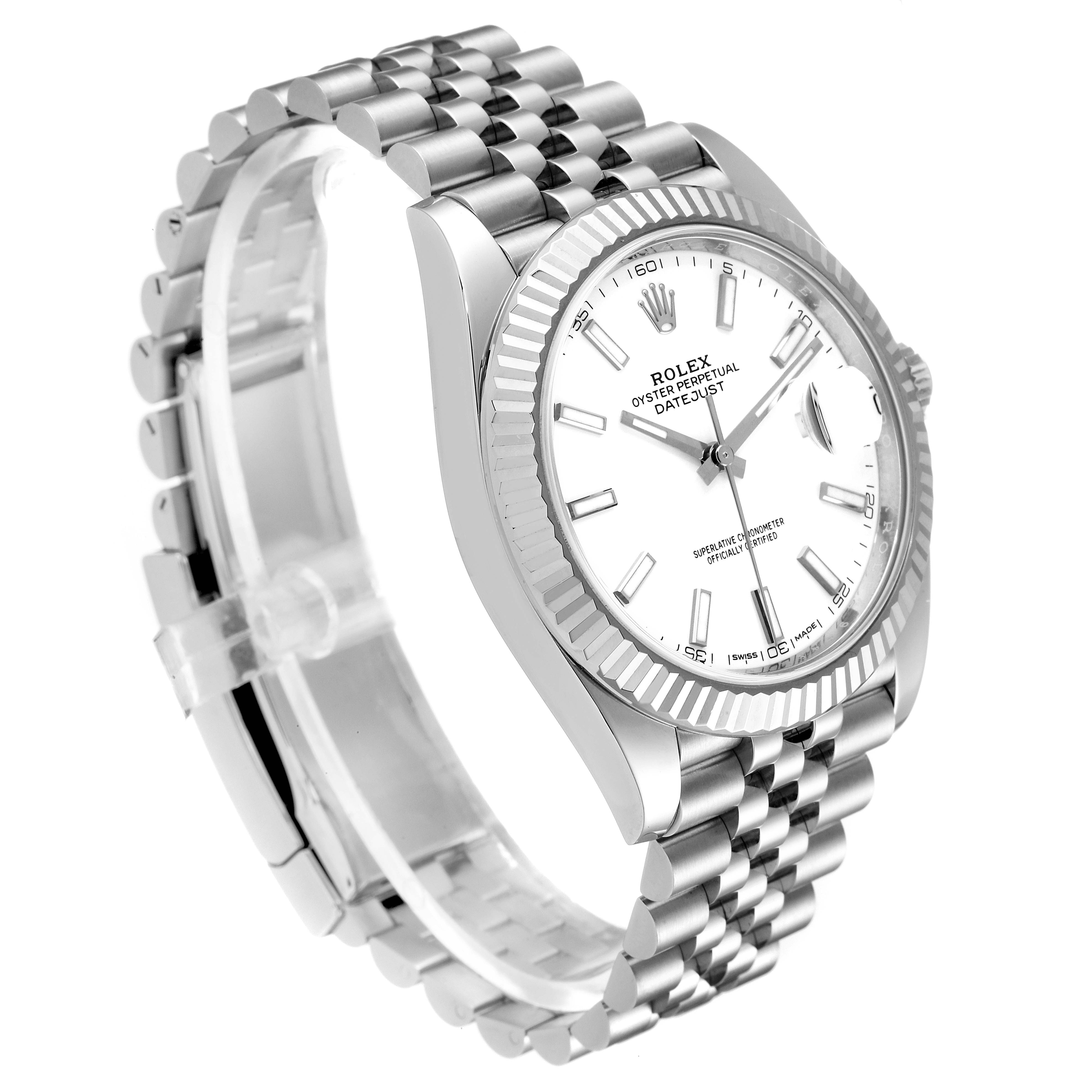 The image shows a side-angle view of a Rolex Datejust 41 126334 Men
s Stainless Steel White Dial 126334 Men
s Stainless Steel White Dial watch, displaying its face, bezel, and bracelet.
