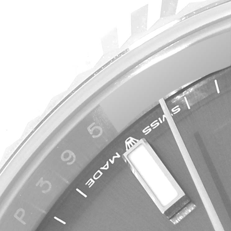 This close-up image shows a portion of the dial and bezel of a Rolex Datejust 41 126334 Men
s Stainless Steel Grey Dial 126334 Men
s Stainless Steel Grey Dial watch.